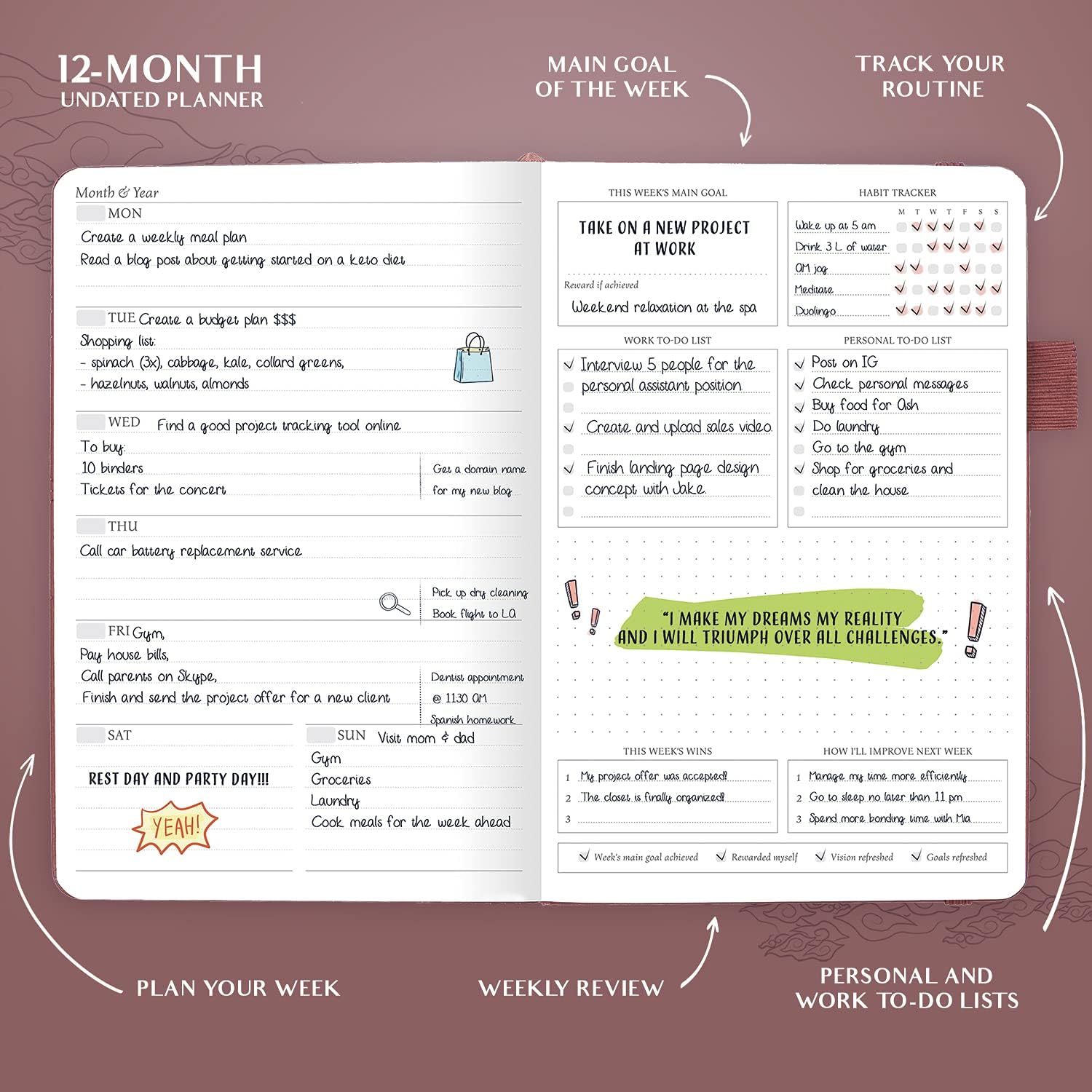 Legend Planner – Deluxe Weekly & Monthly Life Planner to Hit Your Goals & Live Happier. Organizer Notebook & Productivity Journal. A5 Hardcover, Undated – Start Any Time + Stickers – Rose Gold : Office Products