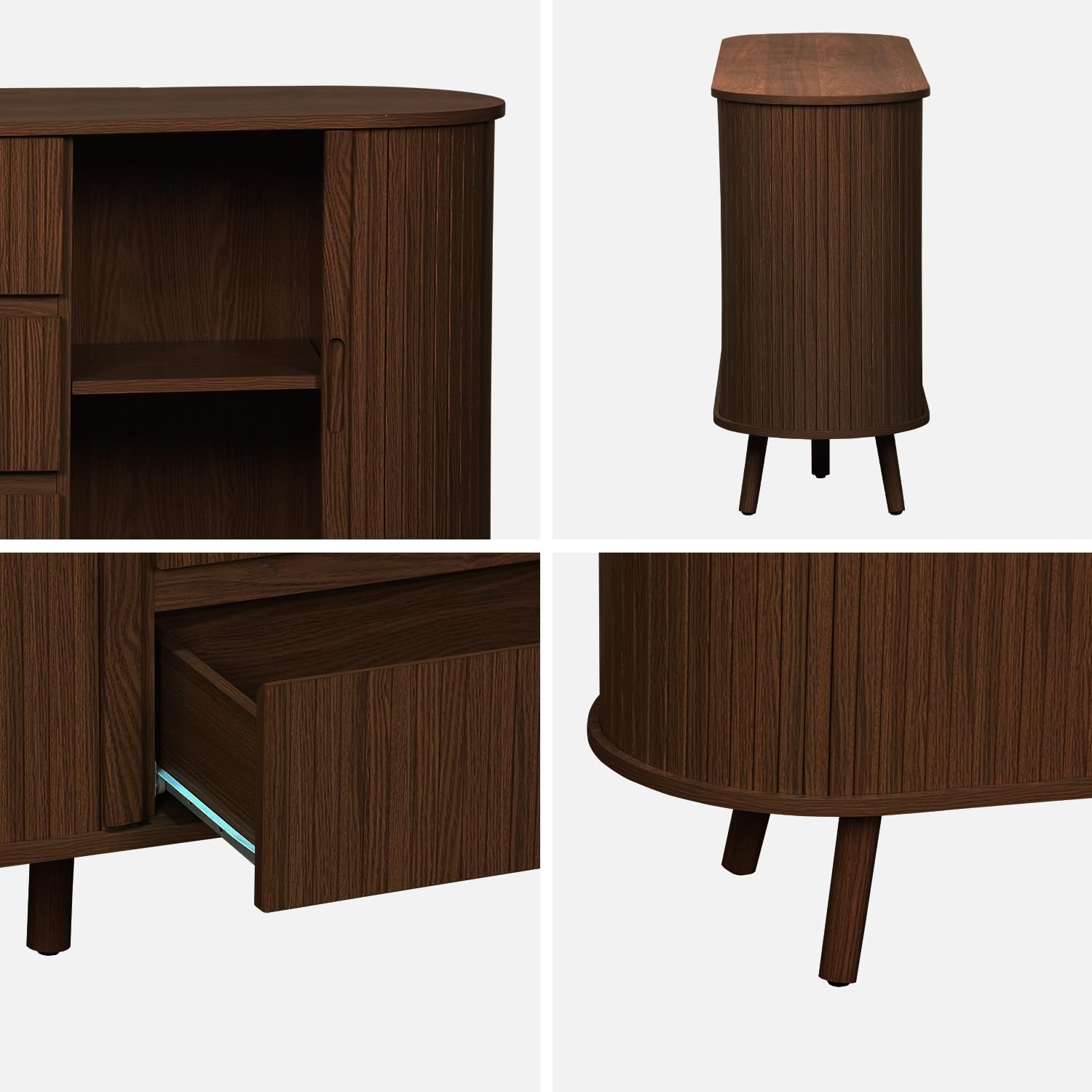 Alice's Garden sweeek - Buffet scandinave Ovale 2 Portes coulissantes. 4 Compartiments. 3 tiroirs. décor Bois rainuré. Teinte Noyer. L 150 x P 40 x H 79cm