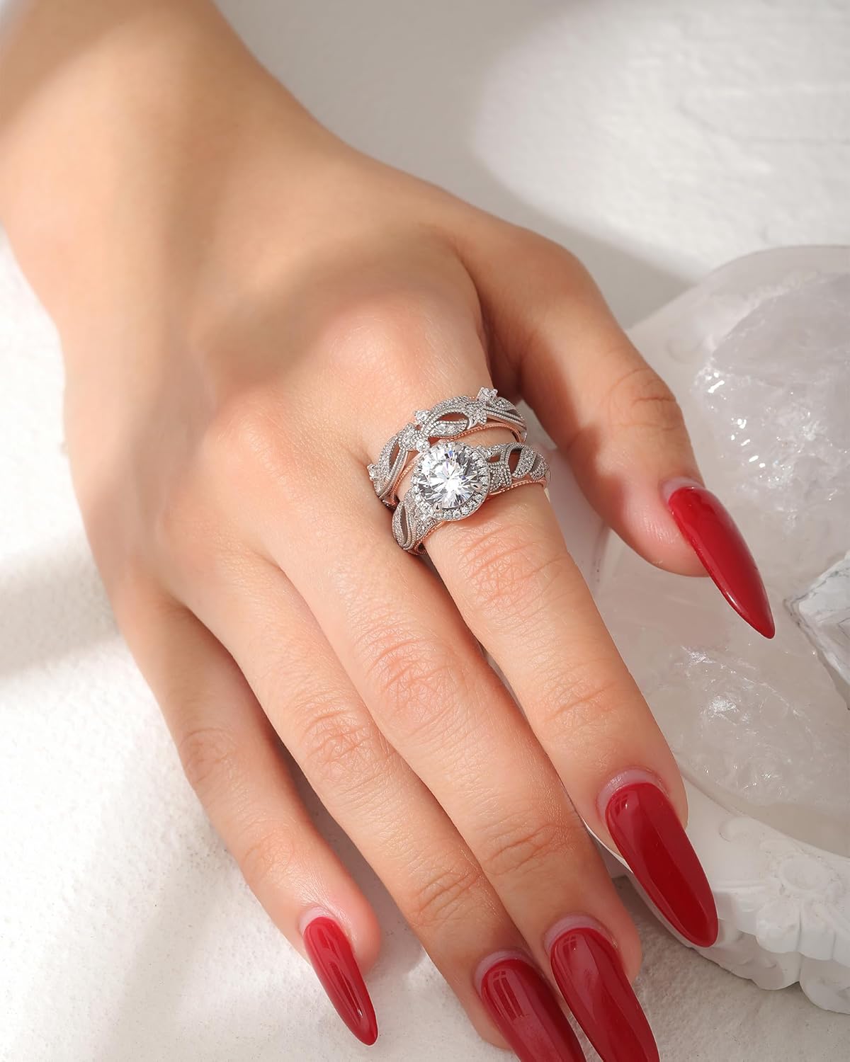 Jeulia 4 Carat Openwork Ring Sets for Women 925 Sterling Silver Wedding Sets Rose Gold Round Cut Halo Engagement Ring White Diamond band CZ Solitaire Anniversary Promise Rings