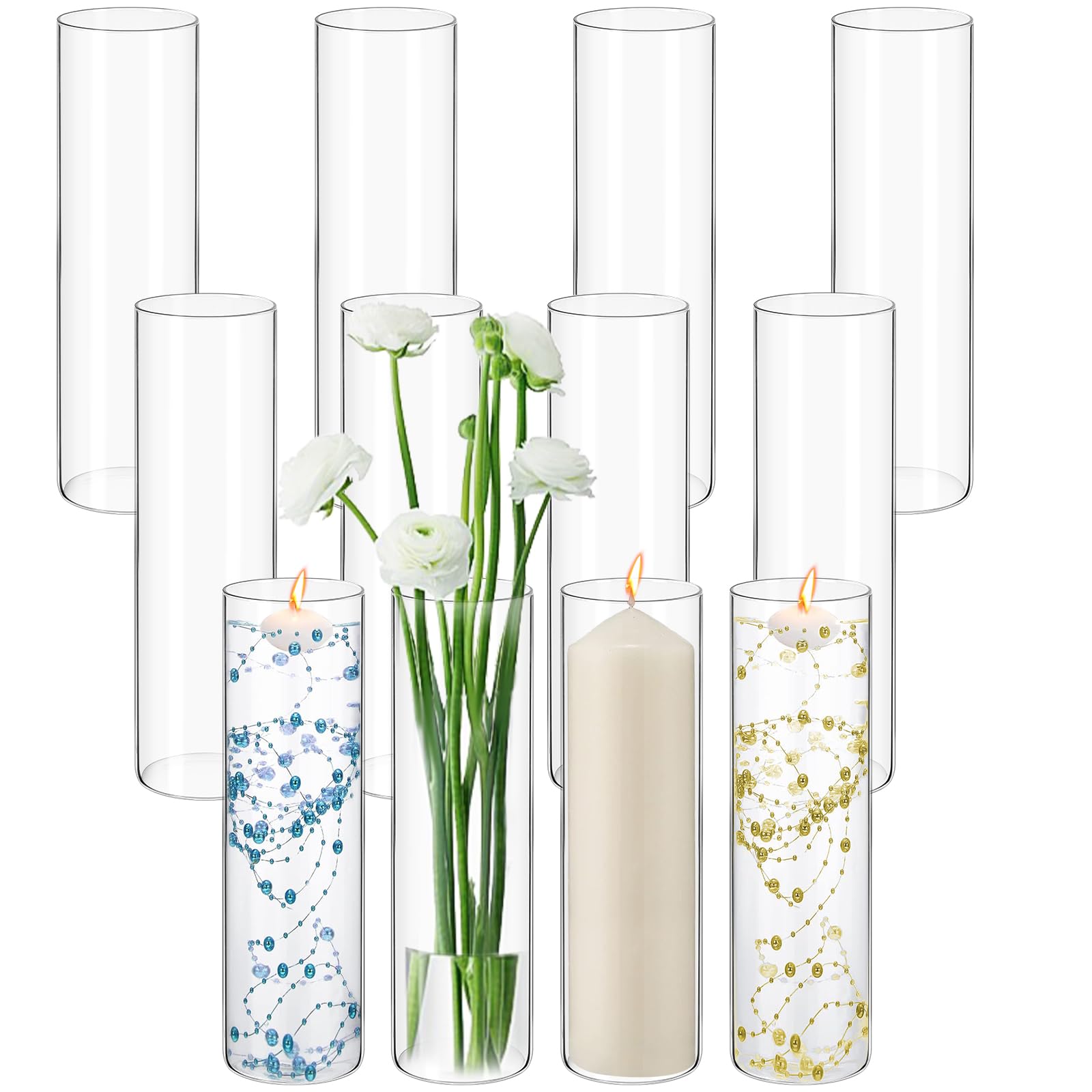 View 1 of 12 Pack Glass Cylinder Vases 16 Inch Tall Clear Flower Vases for Centerpieces, Hurricane Floating Candle Holder Wedding Decorations, Floral Simple Vase Bulk for Party Home Decor (3.35 x 16 Inch)