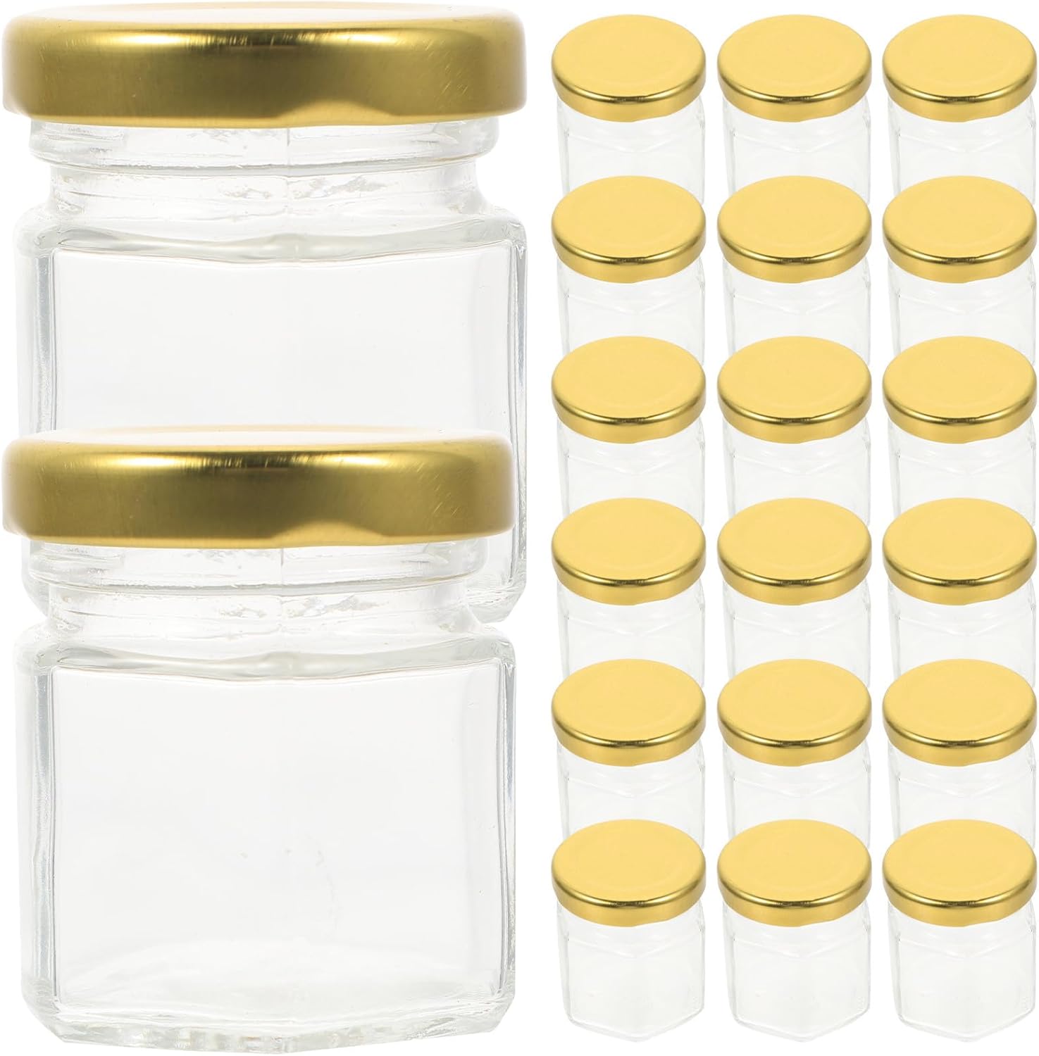 FRCOLOR 20pcs 45ml Glass Honey Jars with Lids Hexagonal Small Glass Honey Dispenser Bottles for Kitchen Storage and Jam Gold Sealed Pot Containers for Home Use