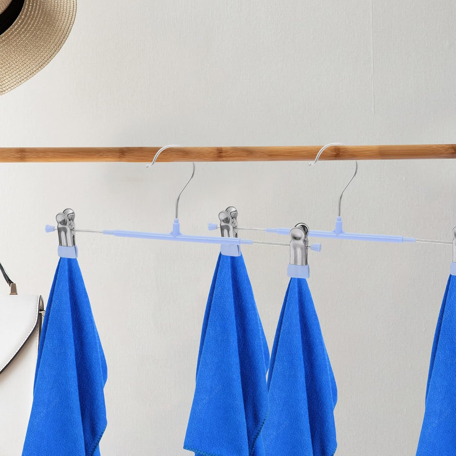 10Pcs Clothes Hangers with Clips Stainless Steel Pants Hanger Skirt Hanger Anti- Skid Clip Hangers Closet Organizer (Blue)