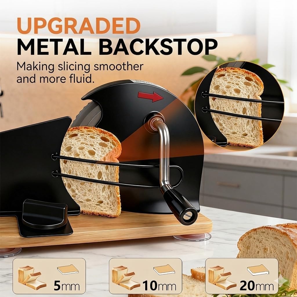 Manual Bread Slicer for Homemade Sourdough Bread,Space Saving Design,Solid Wood Bread Cutter with Adjustable Thickness & Serrated Stainless Steel Blade with Suction Cup Base (Black)