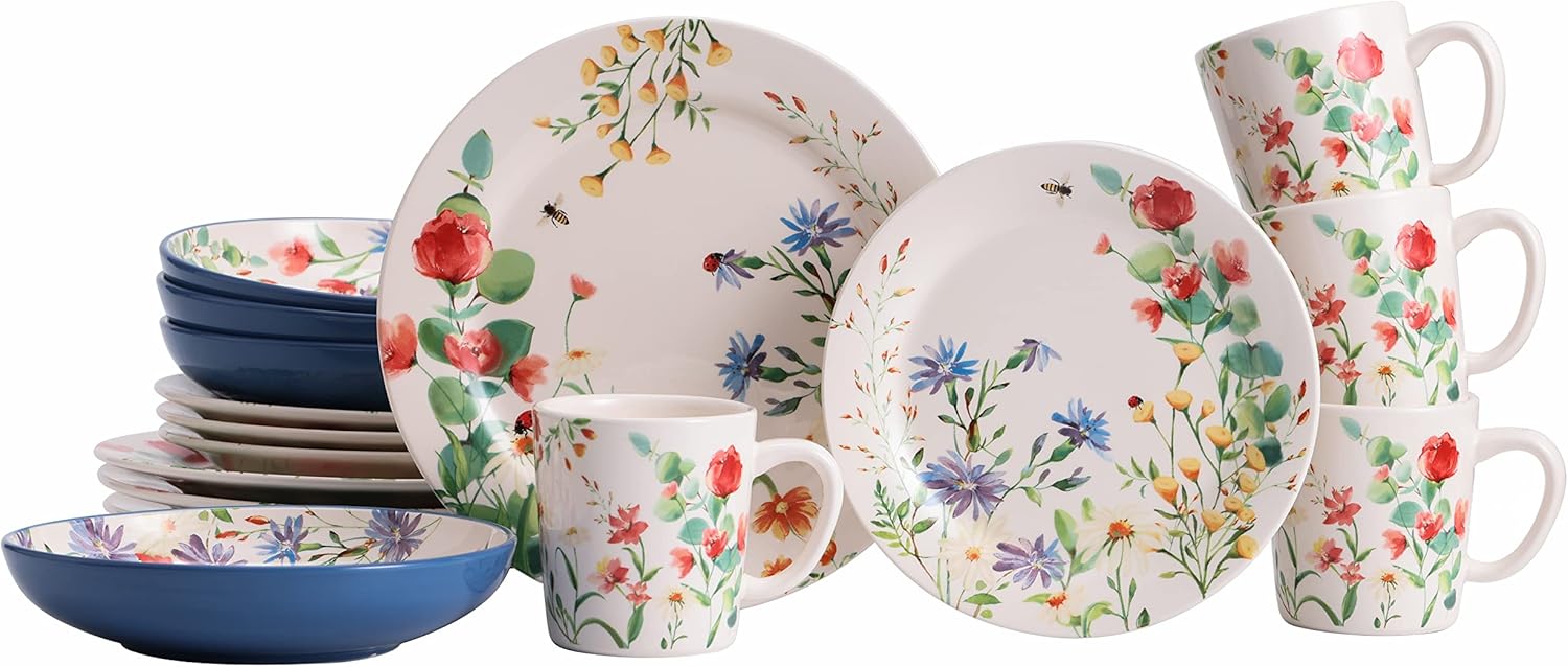 Bico Summer Provence Ceramic 16 pcs Dinnerware Set, Service for 4, Inclusive of 11 inch Dinner Plates, 8.75 inch Salad Plates, 35oz Dinner Bowls and Mugs, for Party, Microwave & Dishwasher Safe