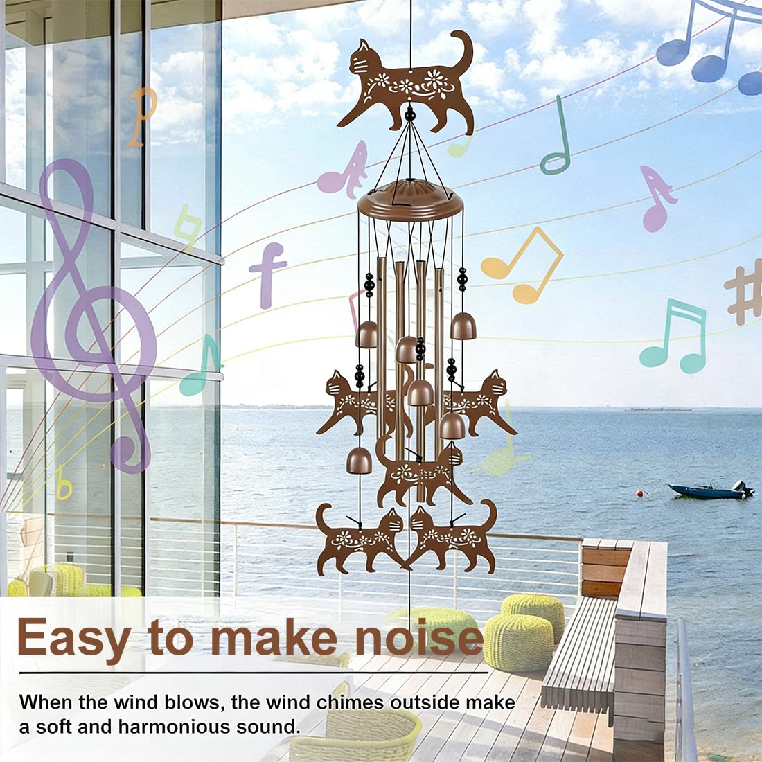 1 Piezas Campana De Viento, Campanas De Viento Artesanales Con Diseño De Gato, Carillón De Metal Para Exteriores Con Tubos, Adecuado Para Colgar En Balcones, Ventanas O Árboles (A)