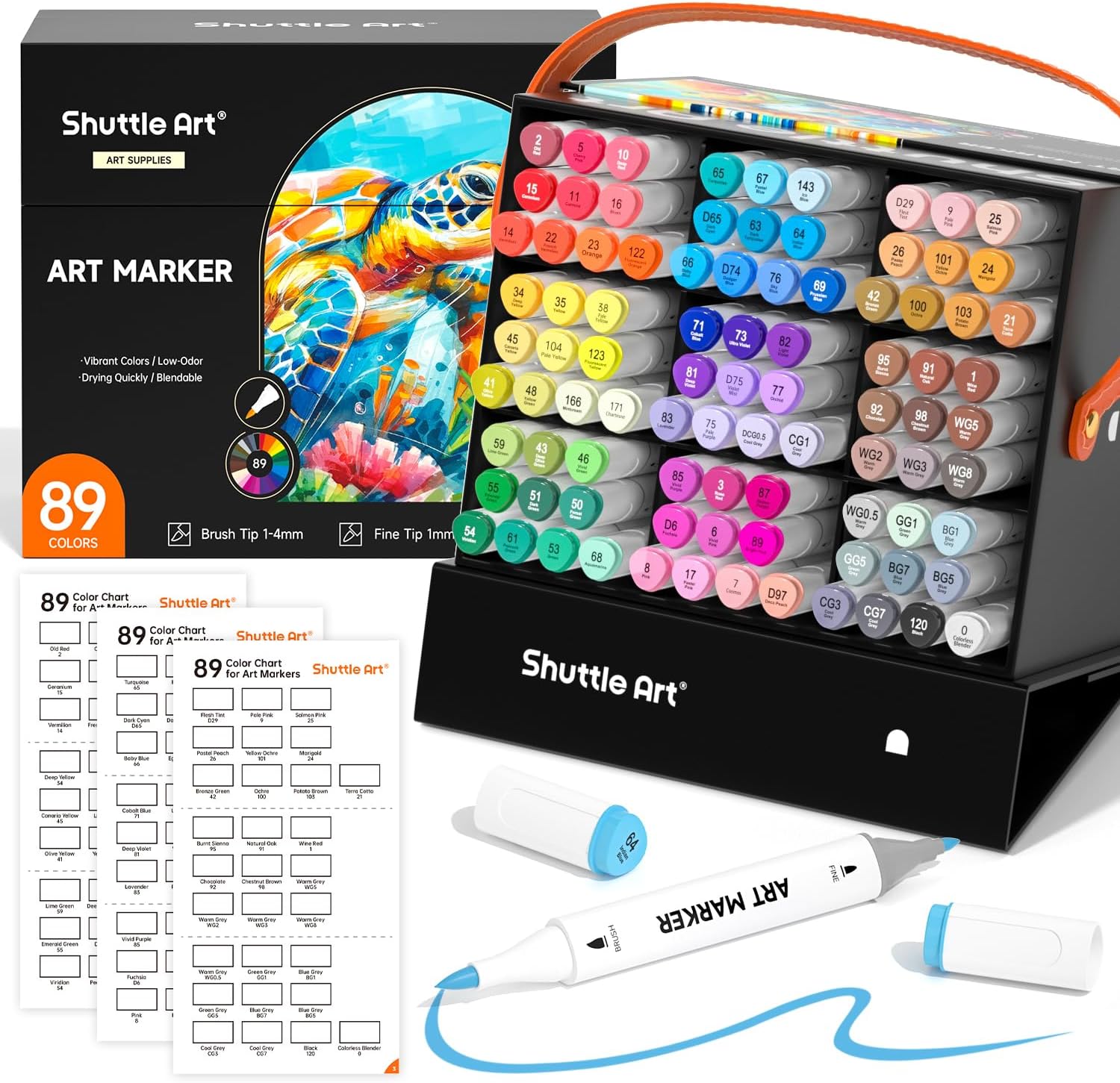 Shuttle Art Brush Tip Alcohol Markers, Dual Tip Brush & Fine Tip Art Marker Set, 89 Colors Marker Pens with Organized Case Perfect for Illustration Kids Students Adults Coloring Sketching