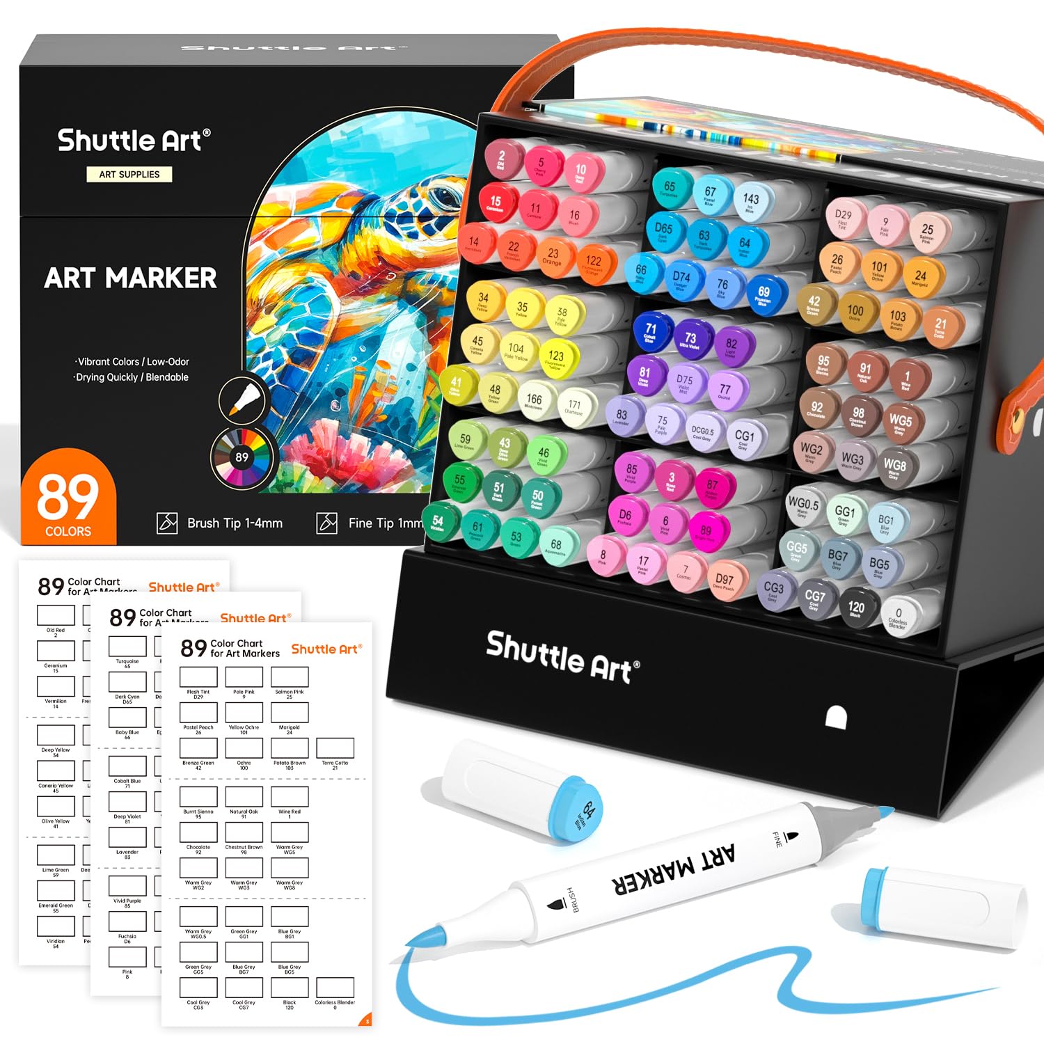 Shuttle Art Brush Tip Alcohol Markers, Dual Tip Brush & Fine Tip Art Marker Set, 89 Colors Marker Pens with Organized Case Perfect for Illustration