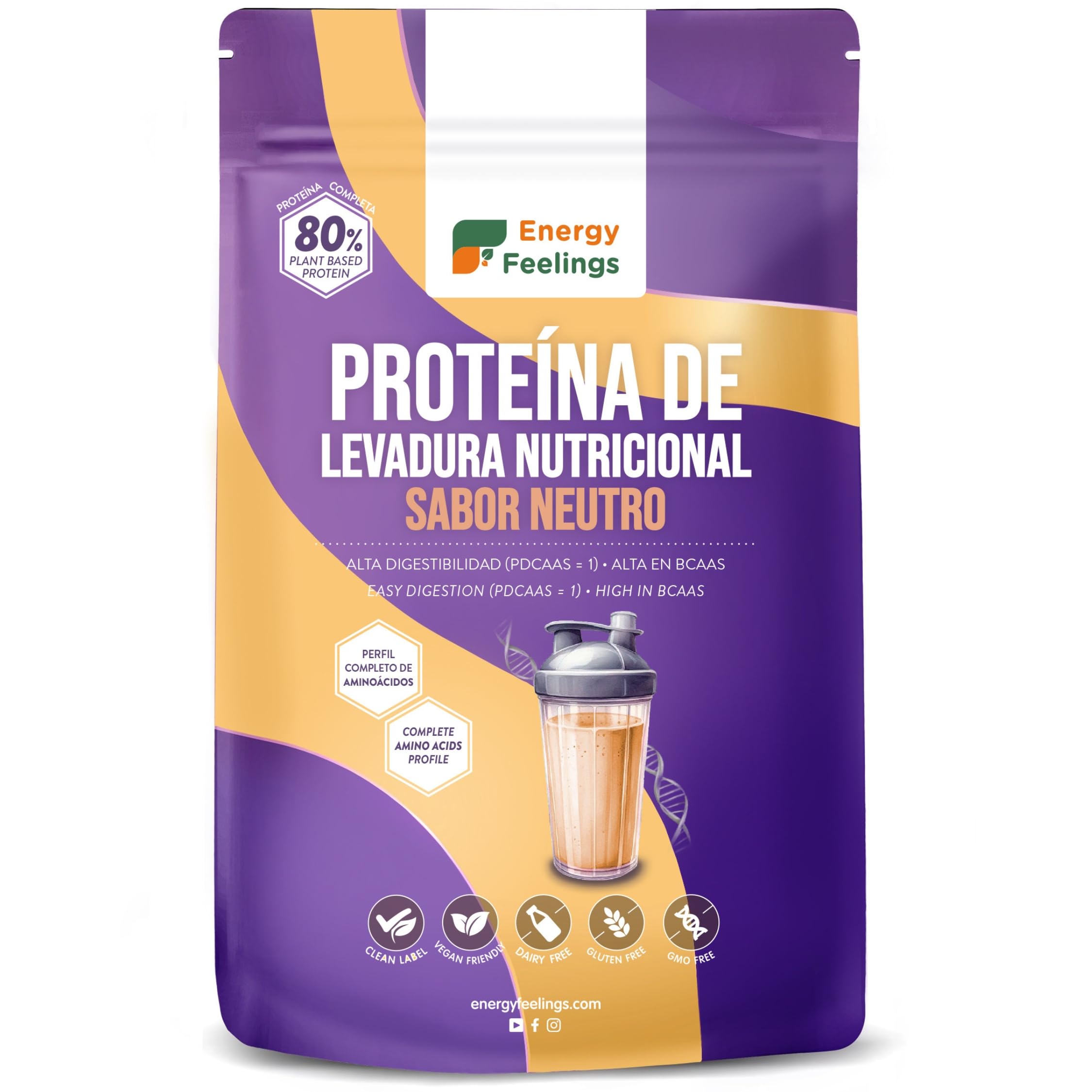 Energy Feelings Proteine in Polvere Vegane di Lievito Nutrizionale 1kg, Proteine Vegetali in Polvere Senza Lattosio e Glutine 82%, Per l’Aumento della Massa Muscolare, Gusto Neutro Senza Aroma