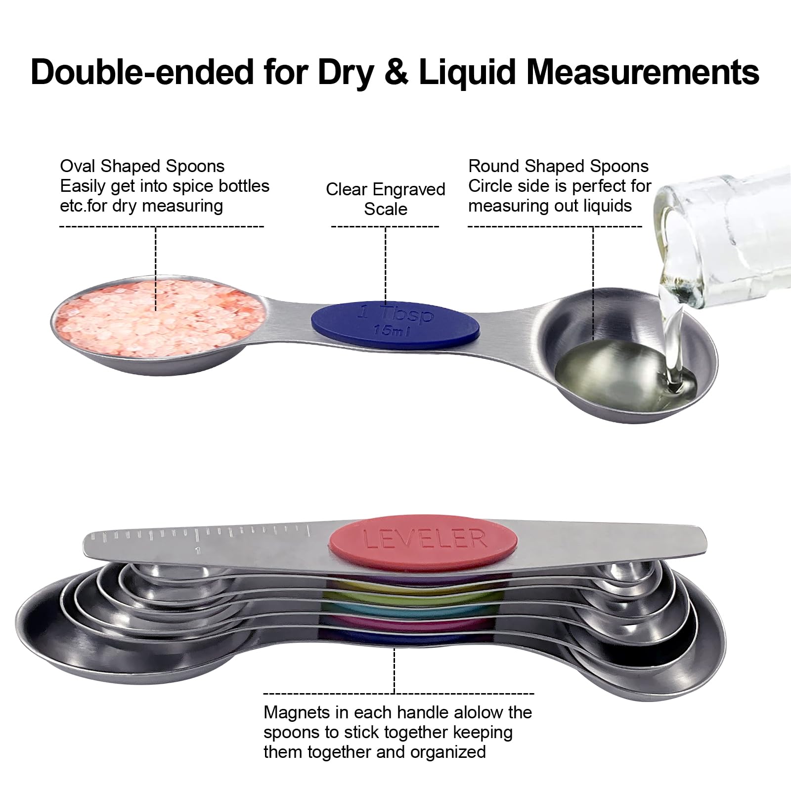 Juego de 12 tazas medidoras y cucharas, incluye 5 tazas medidoras de acero inoxidable, 6 cucharas medidoras de doble extremo y 1 nivelador Plus Mide con precisión ingredientes secos o 3