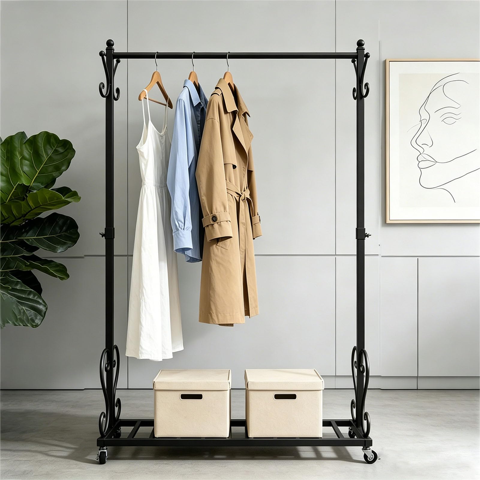 Kleiderständer aus Metall mit Rollen (Schwarz, 120x170cm) | Garderobenständer mit 8 Haken, Regal & 4 Bremsrollen – stabil, belastbar bis 65 kg, für Schlafzimmer, Boutique, Unteres