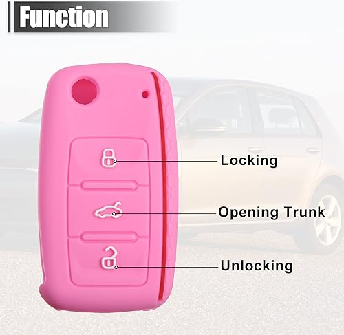 Miniatura 3 de X AUTOHAUX Funda protectora de silicona rosa para llave de coche sin llave para Volkswagen CC Eos GTI Golf Jetta 3 botones