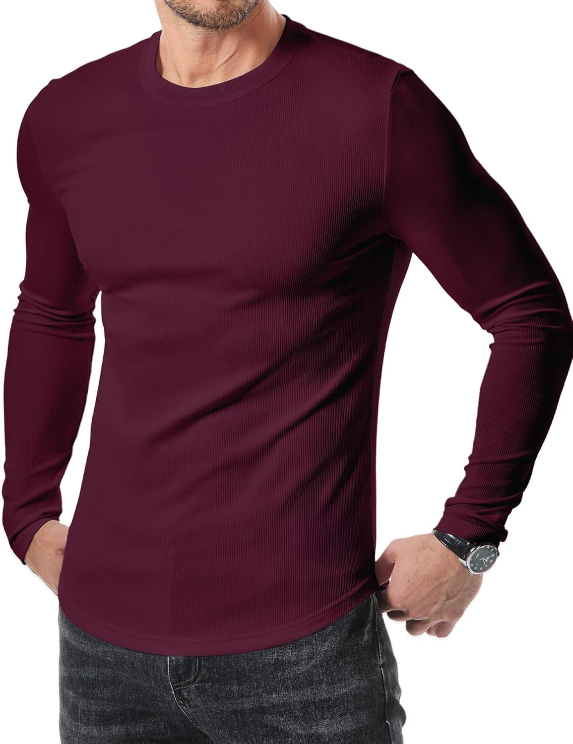 JMIERR Mens Fall Crewneck Shirt Long Sleeve Anti-Wrinkle Casual Muscle T Shirts Longline Ribbed Shirts