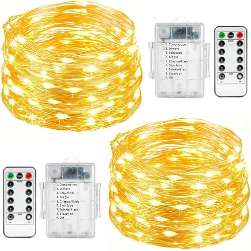 FANSIR Lichterketten, 2er Set 10.2M 100 LED Lichterketten Batteriebetriebene Silberdraht Lichter mit Fernbedienung, 8 Modi wasserdichte Lichter für Garten Schlafzimmer Herzstück Party (Warmweiß) Cover