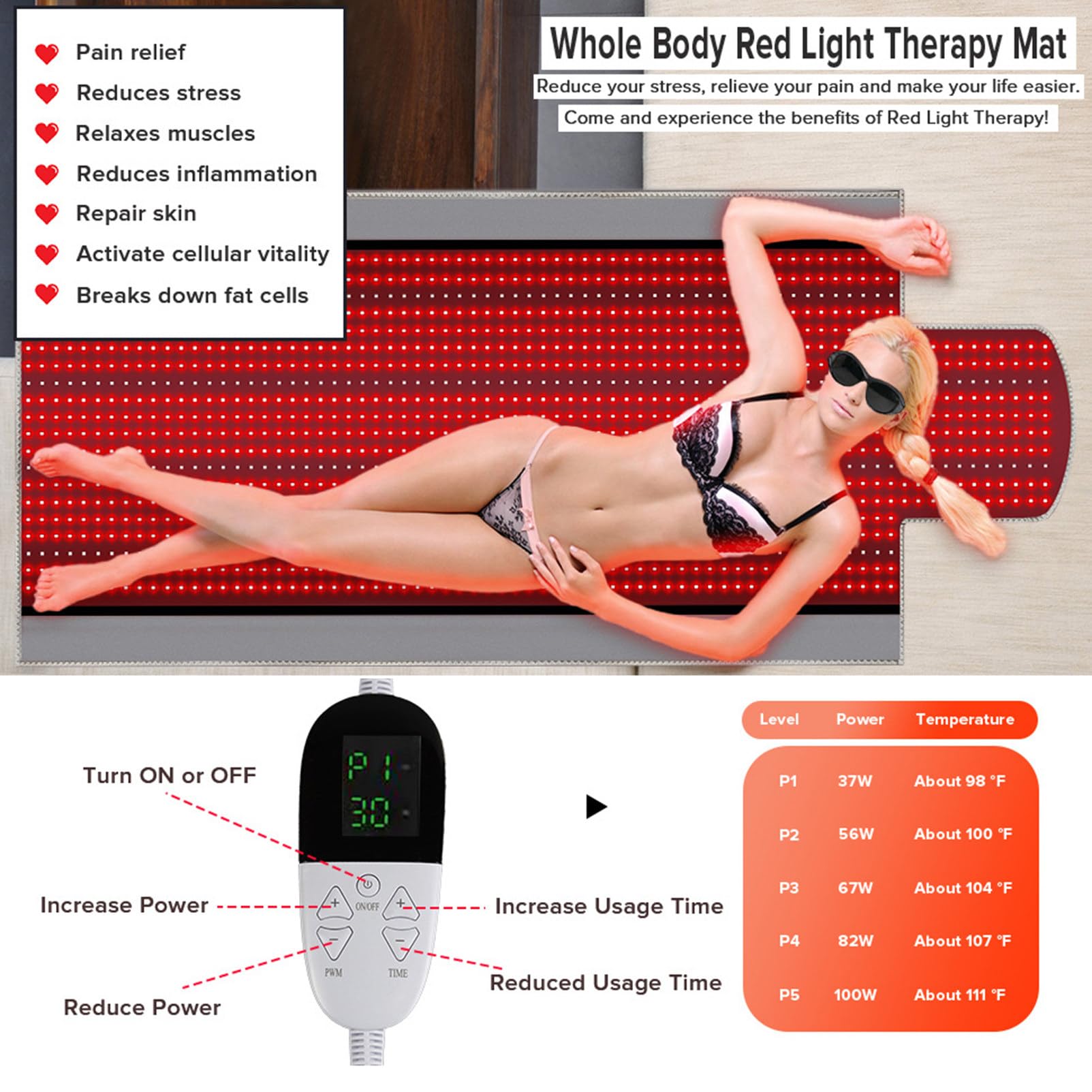 Estera de Terapia de luz roja para aliviar el Dolor, 1370 Uds. Cuentas de luz roja de 660nm y 850nm, Almohadilla de Terapia de luz infrarroja cercana de Gran tamaño