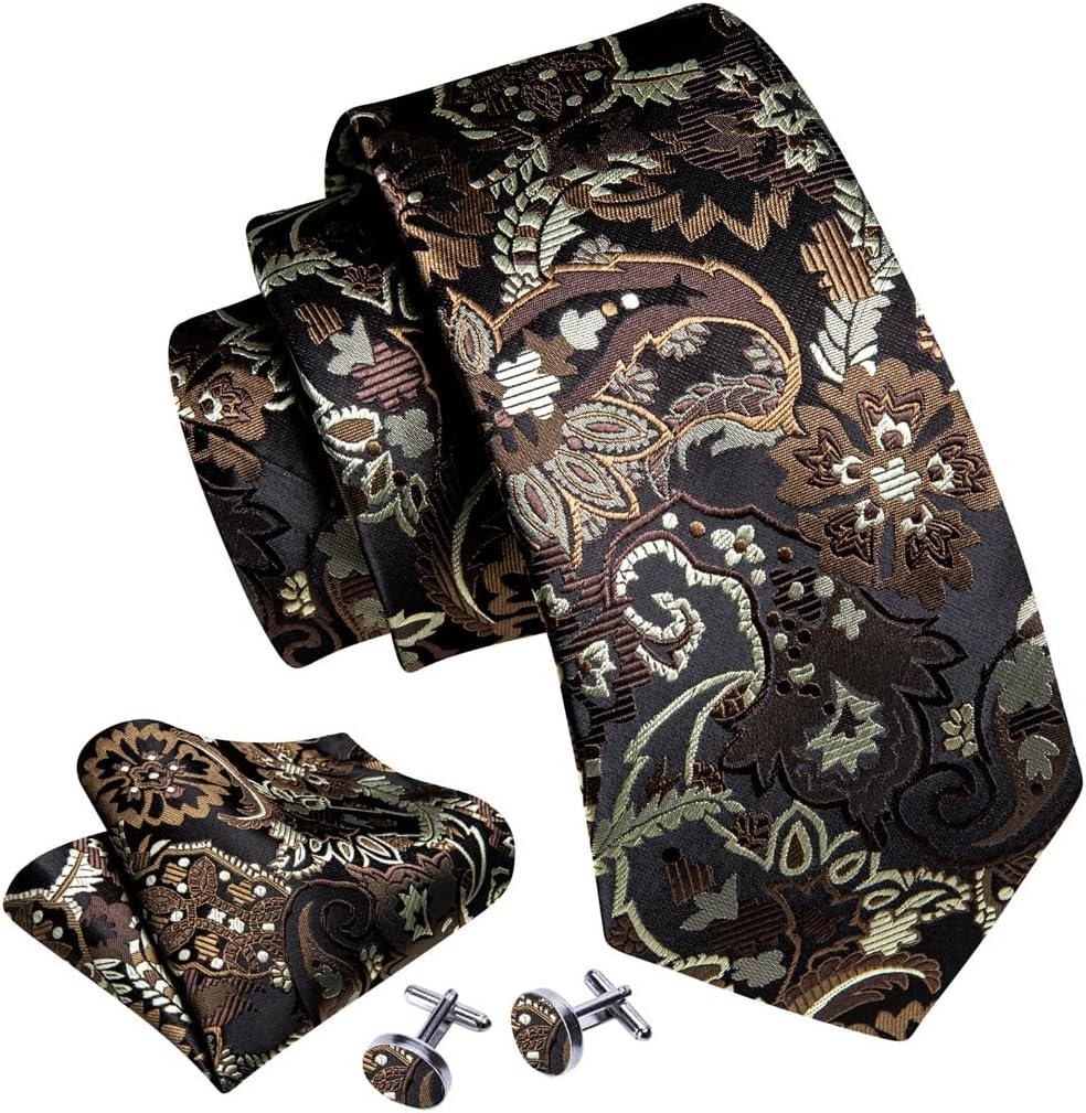 Ties for Men Brown Gold Black Floral Silk Necktie Pocket Square Cufflinks Set Wedding