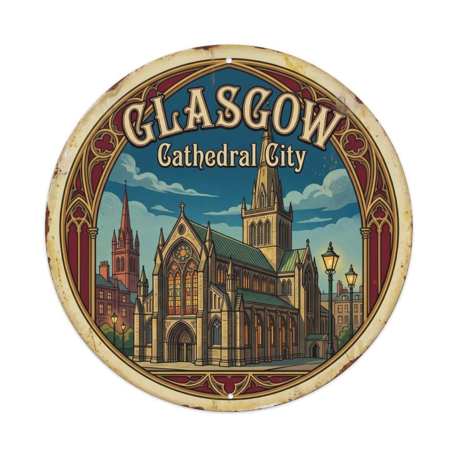 Gtthok Vintage Style-19 Vintage Travel Glasgow Cathedral Scotland Metal Tin Sign Plaque Wall Decor For Cafe, Club, Garden Round Metal Poster 8X8inch