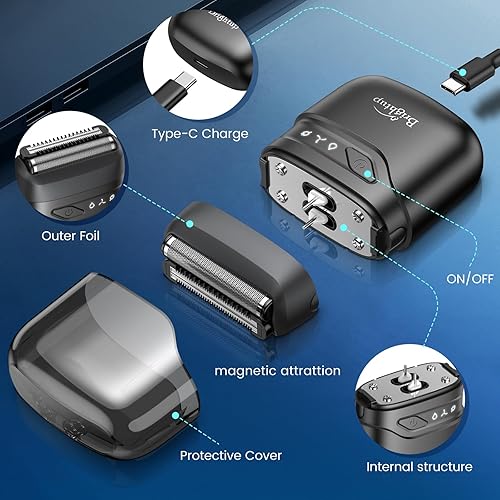 Miniatura 8 de Brightup Afeitadoras eléctricas de aluminio para hombres, mini maquinilla de afeitar eléctrica para afeitarse la cara, afeitadora compacta de viaje