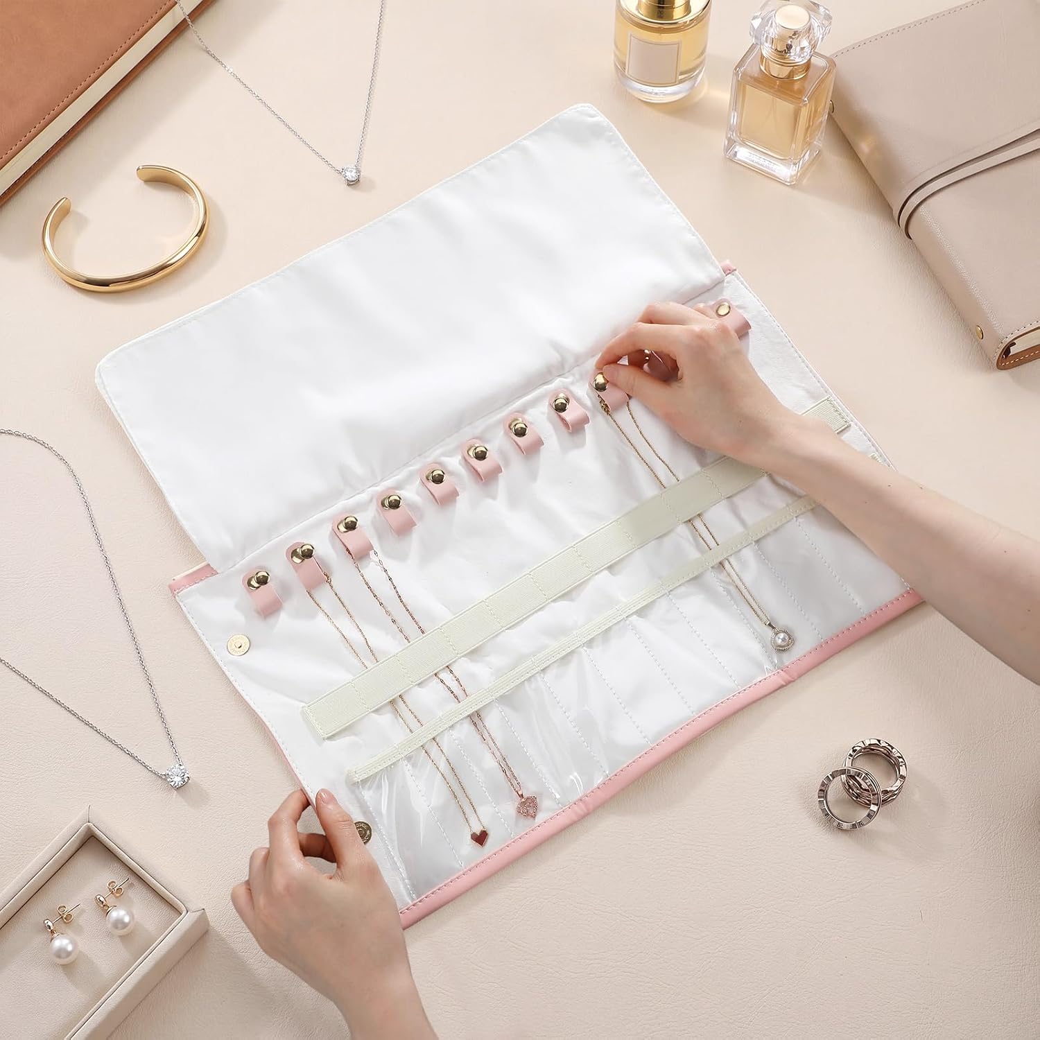 Aliceset Travel Necklace Organizer Case Anti-tangle Necklace Travel Storage Jewelry Roll Foldable Bag Holder for Necklaces Chains Bracelets(Pink) image 3
