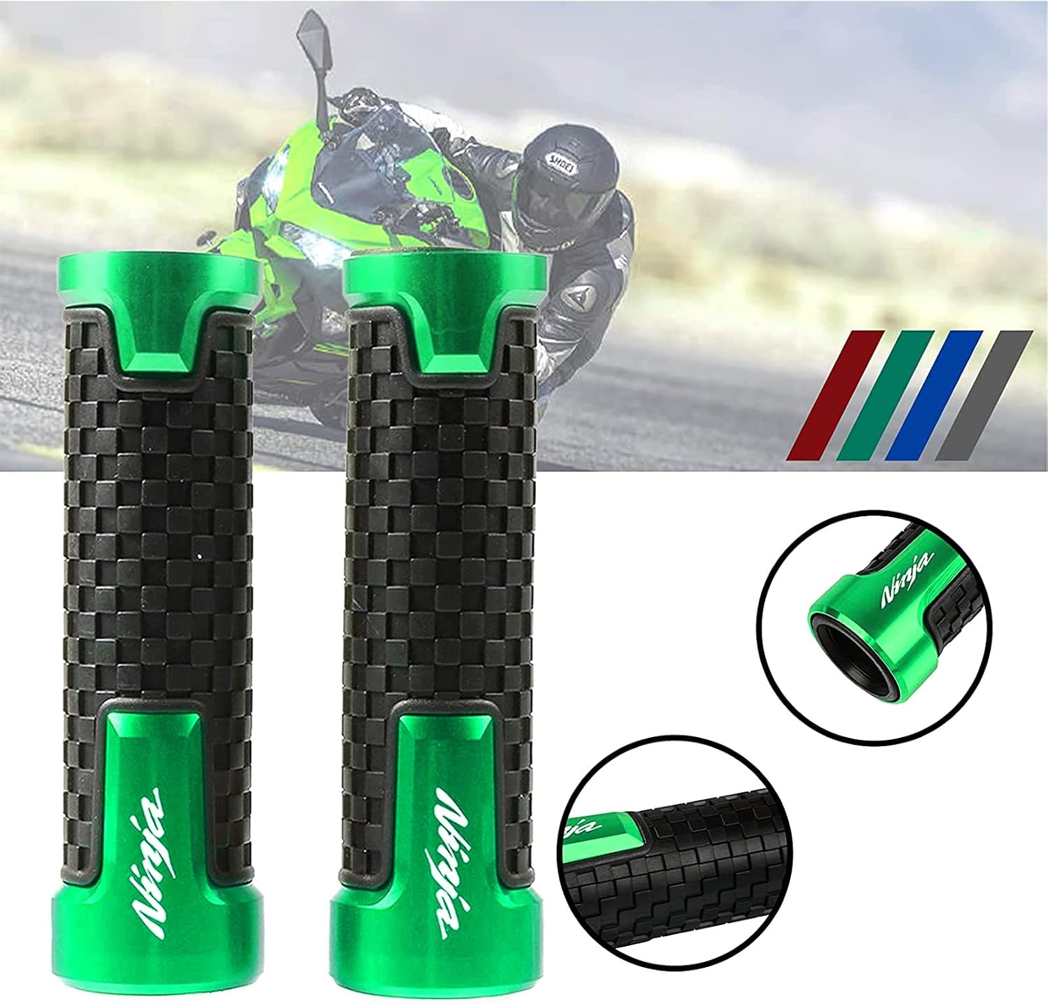 CNC Aluminum Non-Slip Anti Vibration Motorcycle Handlebar Grips for Ninja 400 250R 300R 250 650 1000SX Green