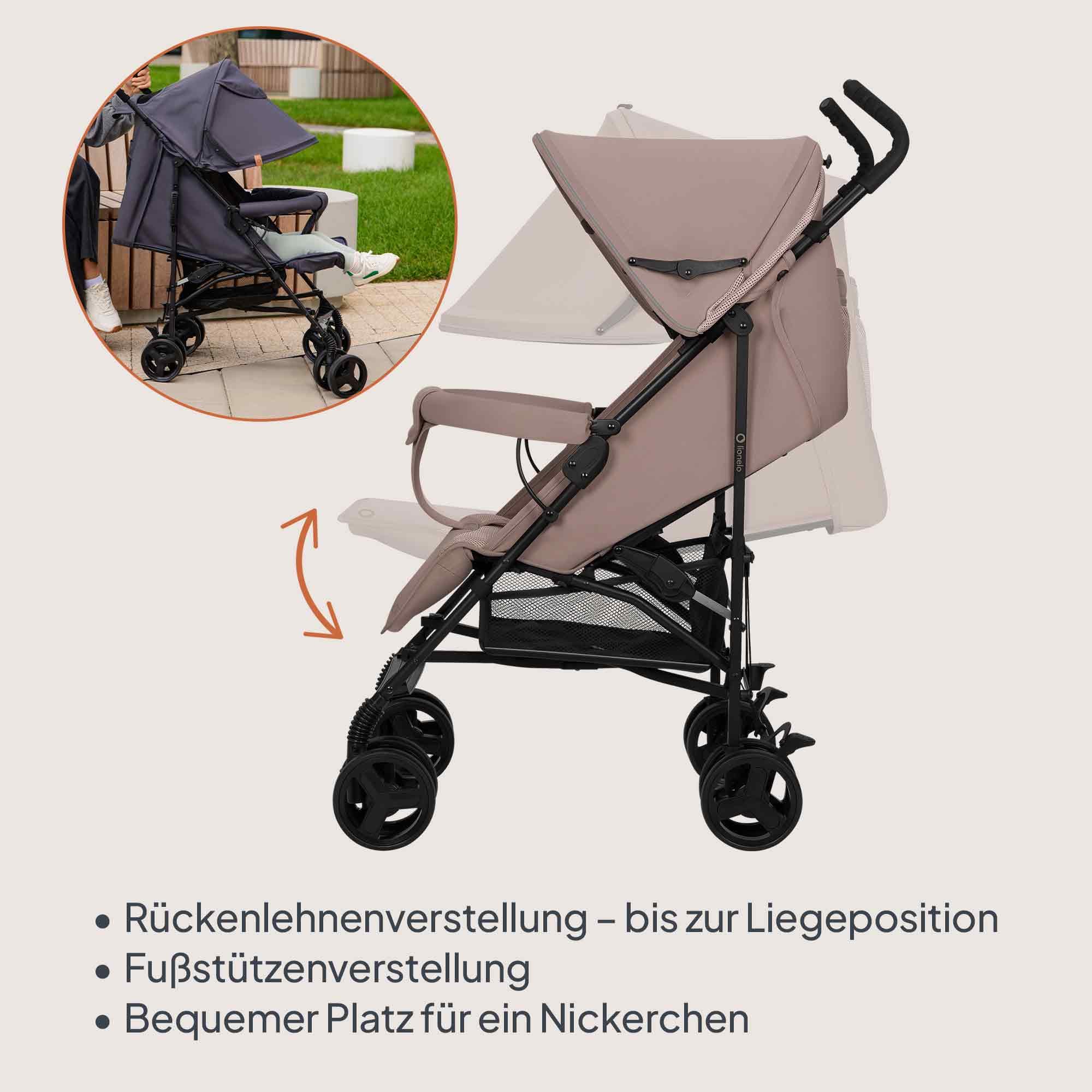 LIONELO Elia Buggy Klein Zusammenklappbar Kinderwagen Bis 15 Kg, Rücken Und Fußstützenverstellung Hinterradbremse, Moskitonetz, Einkaufskorb