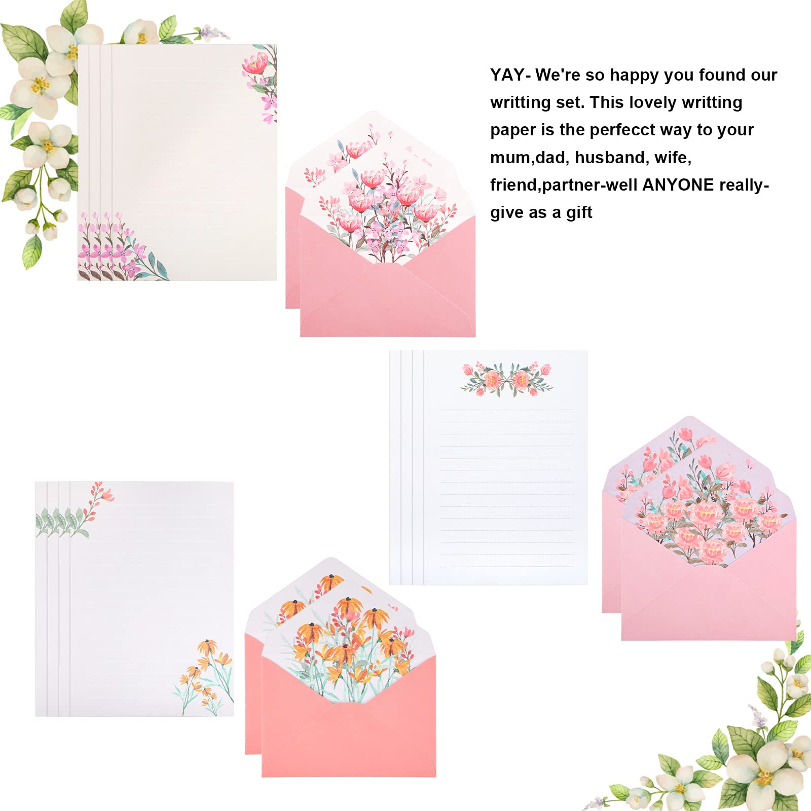 Writing Paper and Envelopes Set, 24 Pcs Stationery Papers with 12 PCS Envelops, Unique Flower Design Lined Letter Writing Set - Image 4