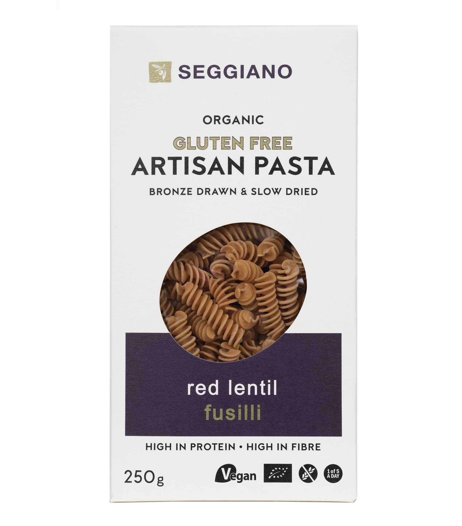 Seggiano Organic Red Lentil Fusilli 250g - Certified Gluten Free, Vegan, Vegetarian & GMO Free - High in Protein & High in Fibre - Made from 100% Legume Flour