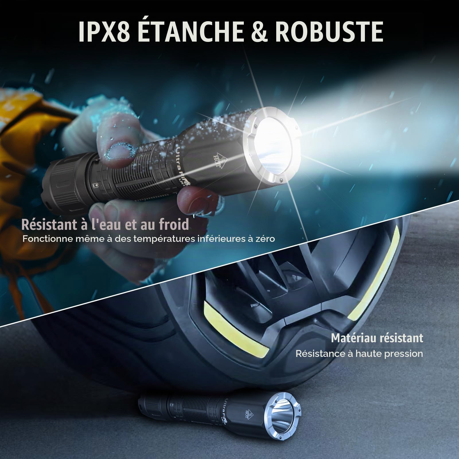 ULTRAFIRE Lampe torche tactique rechargeable 3100 lumens avec étui, double interrupteur, lampe de poche LED super lumineuse, 6 modes IPX8, lampe torche de police étanche LR1