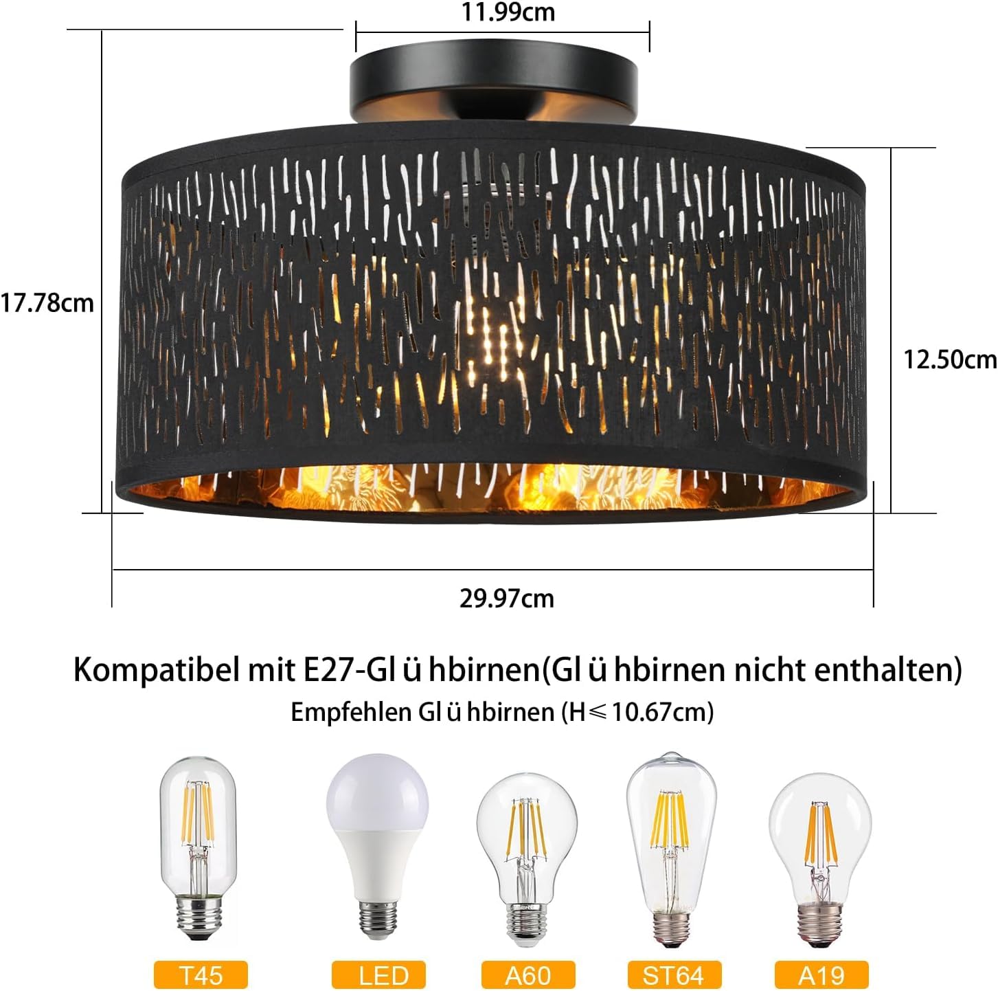 FRIDEKO HOME Deckenlampe Schwarz Durchbrochener Rund Ø30cm Deckenleuchte | E27 One Flammige Lampenschirm Lampe für Schlafzimmer Wohnzimmer Küche Flur
