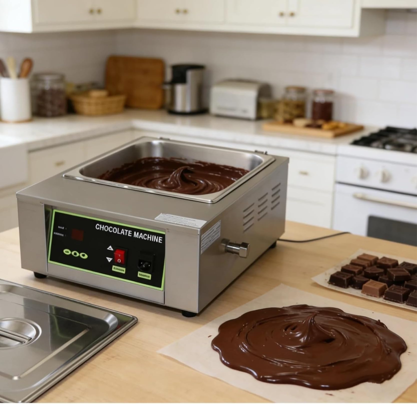 Máquina de fusión de chocolate comercial con control digital de temperatura y rueda mezcladora para aplicaciones de revestimiento y fuente