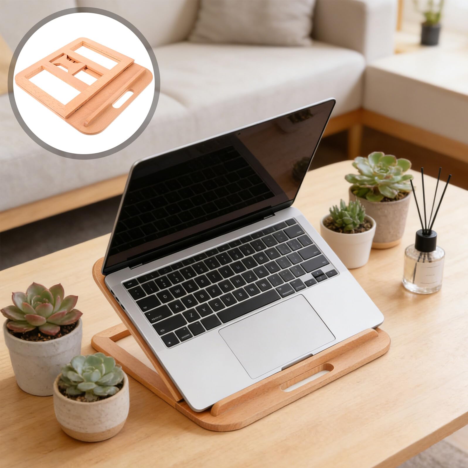 Supporto da Scrivania in Legno per Laptop Ventilato Regolabile a 6 Livelli, Ergonomico Portatile per Notebook Fino a 16 Pollici, per Postazione di Lavoro, Studio e Viaggi