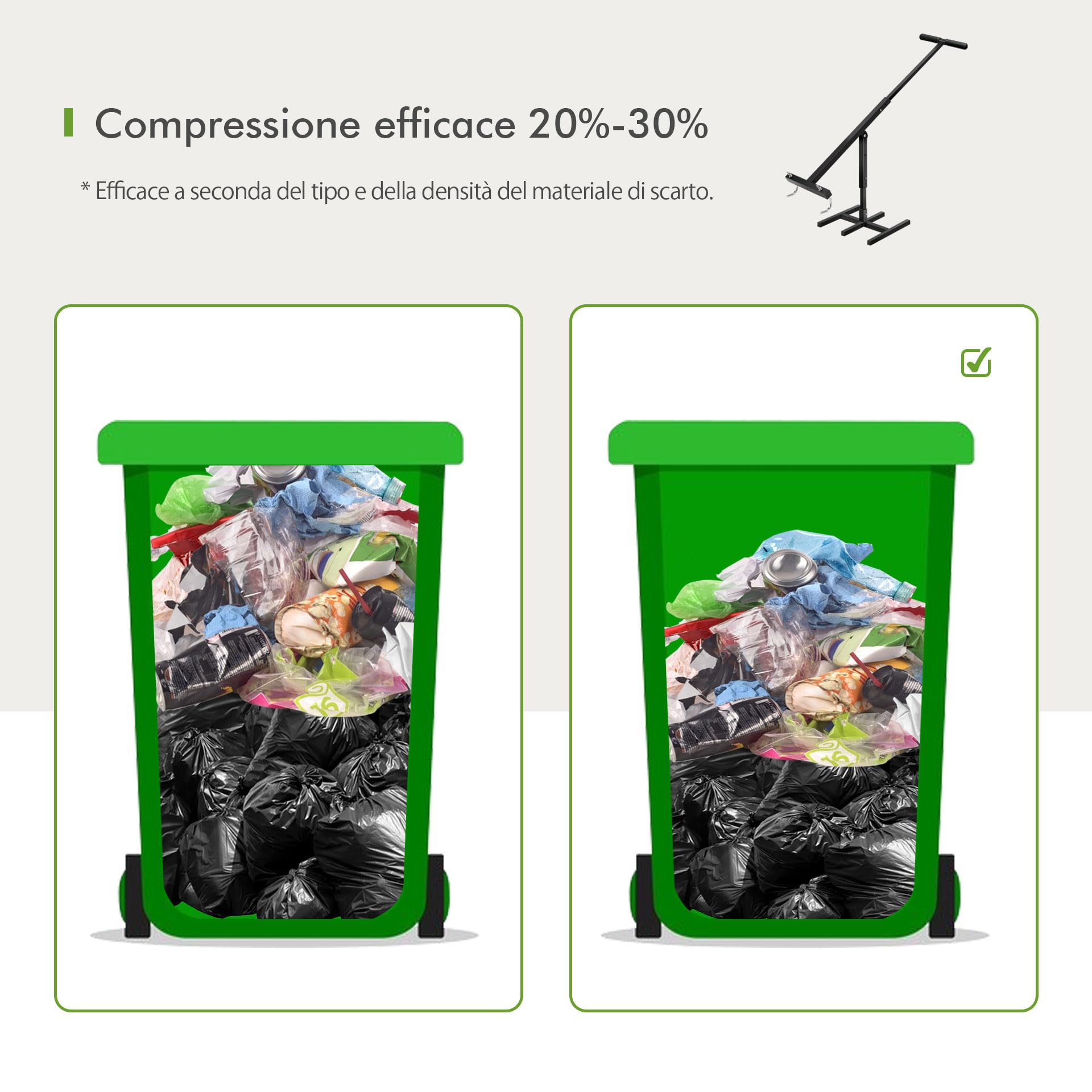 Mimoke Compressore manuale rifiuti: regolabile altezza, non contatto, 120-660 L, igienico, salvaspazio, robusto, cucina, giardino, ristorazione