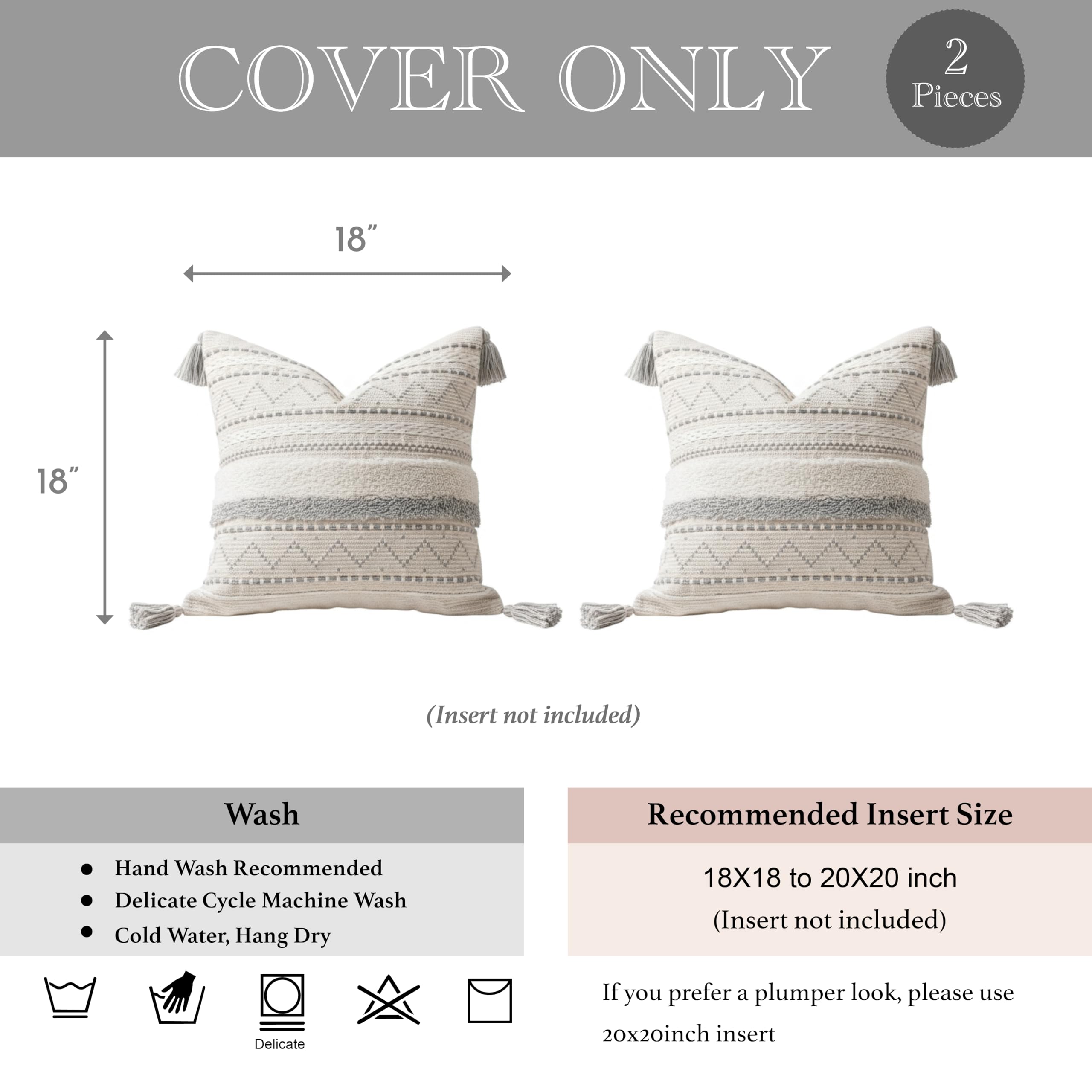 BlissBlush - Funda de cojín decorativa, 45,7 x 45,7 cm, juego combinado de 2 fundas de cojín cuadradas, grises, con borlas, cojín para sofá, dormitorio, salón, decoración del hogar, solo la funda