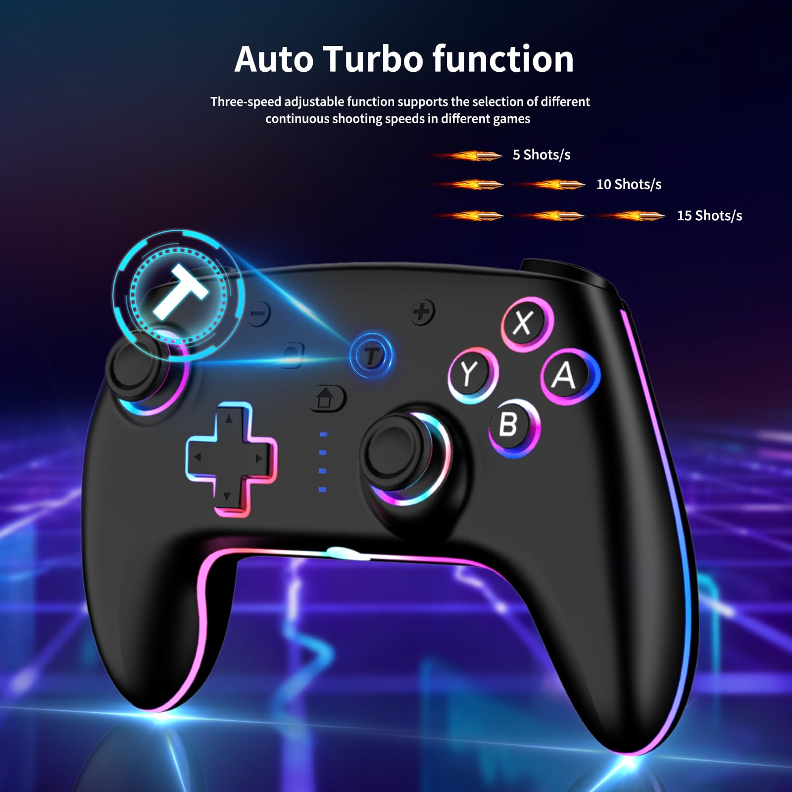 RGB Wireless Controller für Switch Switch 2 Lite OLED PC, 2er Pack Gamepad mit 7-farbiger LED Beleuchtung, 6-Achsen Gyrosensor, Doppelte Vibration & Turbo-Funktion