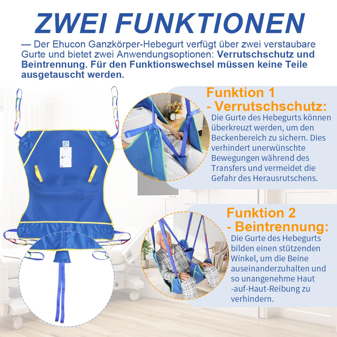 Universal Ganzkörper Hebegurt für Patientenlifter, Atmungsaktives 3D-Mesh Transfergurt für Senioren und Pflegebedürftige, Umsetzhilfe mit Herausfallschutz, bis 230 kg (Blue, mittel)