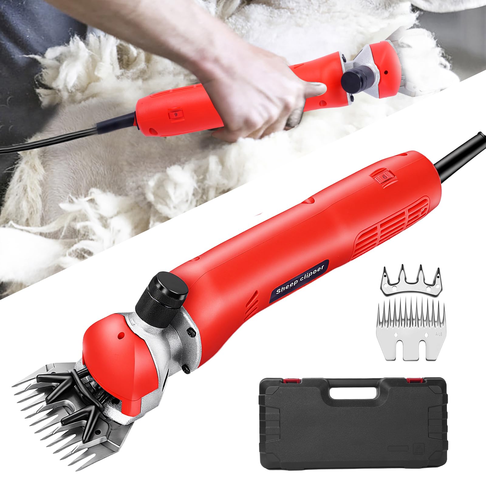 Elektrische Schafschermaschine 690W Professionelle Wollschere mit 6 Geschwindigkeiten 3 Meter Netzkabel Tierschermaschine für Schafe, Ziegen, Alpakas und Lamas (Rot)