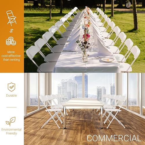 Miniatura 6 de VINGLI Paquete de 5 sillas plegables de plástico blanco, asiento comercial apilable portátil para interiores y exteriores con marco de acero,