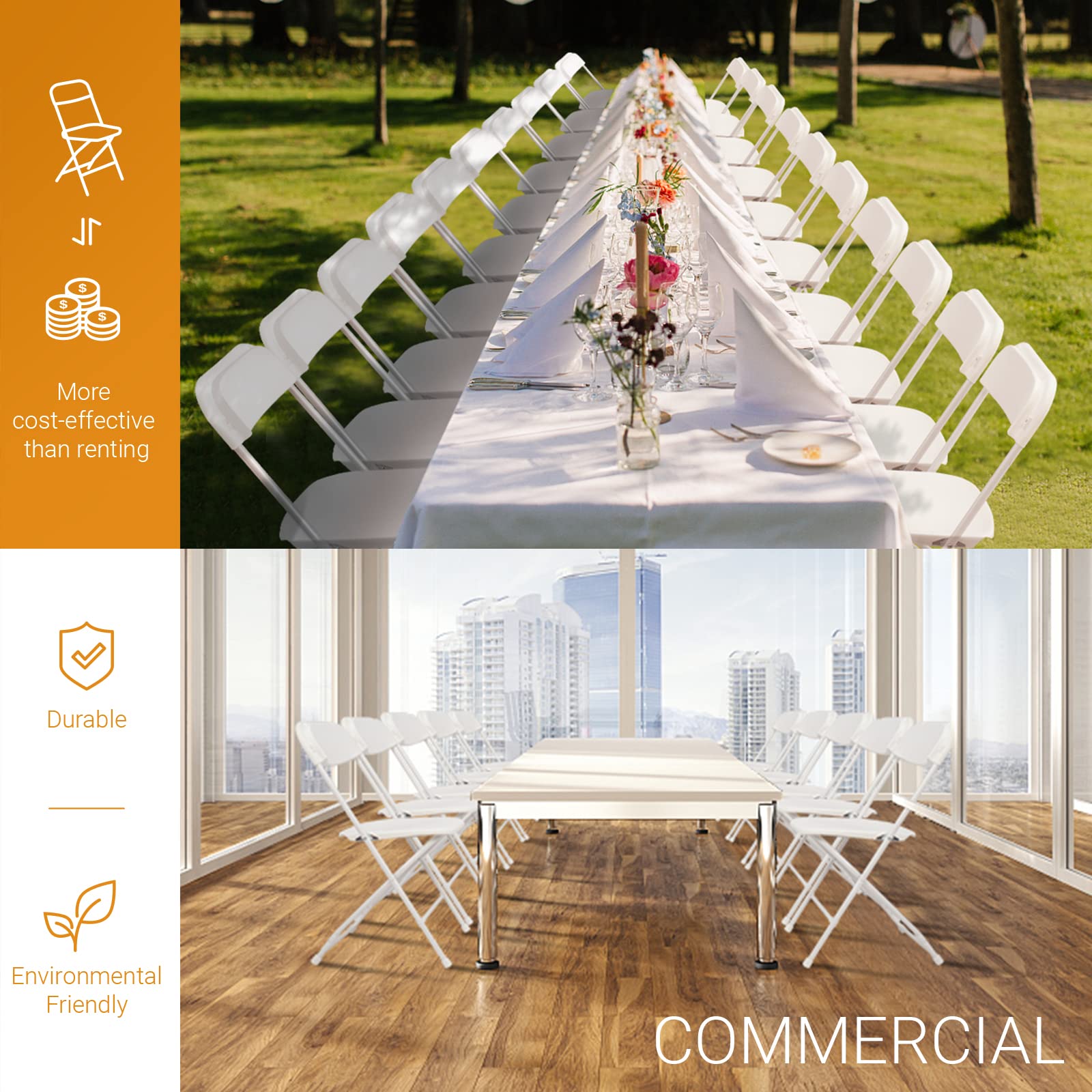 Bonnlo Lot de 10 chaises pliantes - Pour mariage, jardin, intérieur et extérieur - Empilables - En métal et plastique - Jusqu'à 158 kg - Blanc