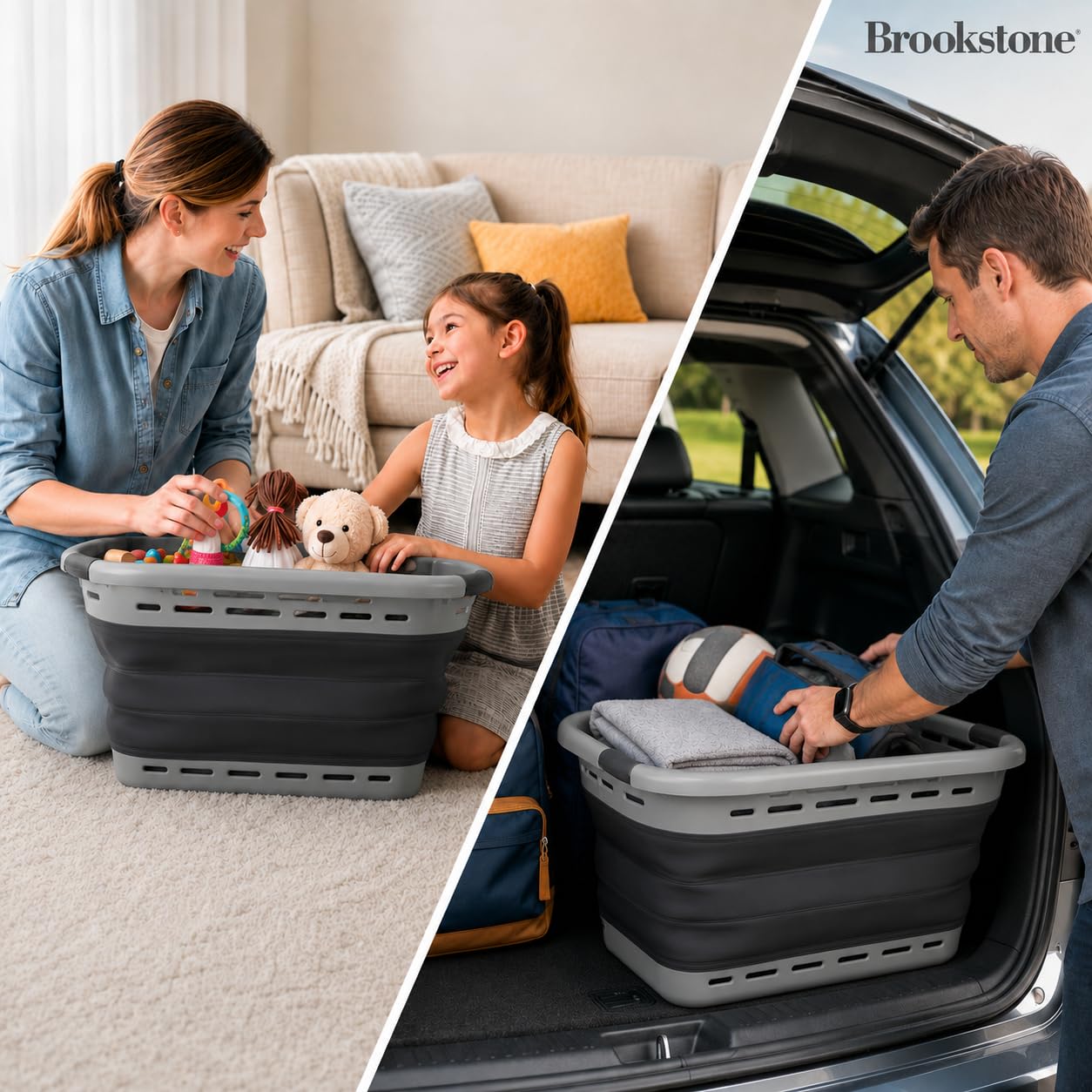 BROOKSTONE - Grande cesto portabiancheria pieghevole da 61 cm, comode impugnature antiscivolo, design minimalista, salvaspazio, portatile, senza bisfenolo A, circa 42 l