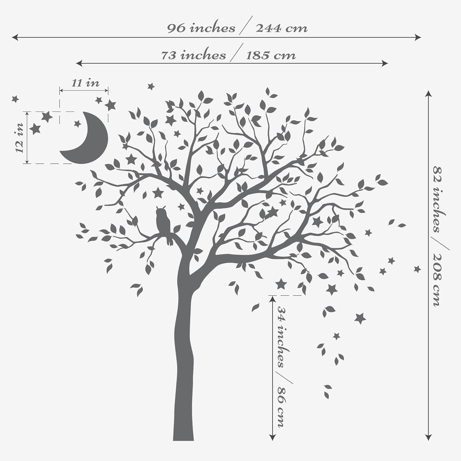 Large Tree Wall Decal Sticker with owl, Moon and Stars Nursery Mural Decoration 088 (Leaning Right, Brown, Turquoise, Yellow)