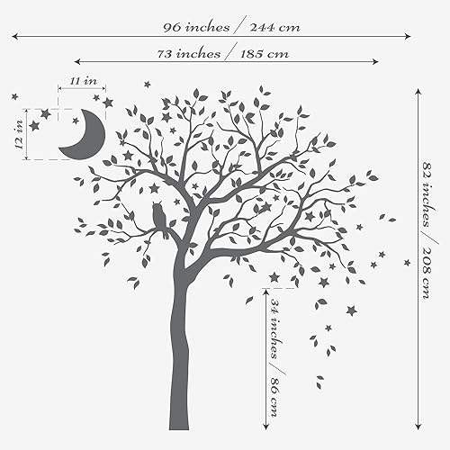 Miniatura 2 de Studio Quee Adhesivo decorativo para pared de árbol grande con búho, luna y estrellas, decoración mural 088 (inclinada a la derecha, marrón, verde