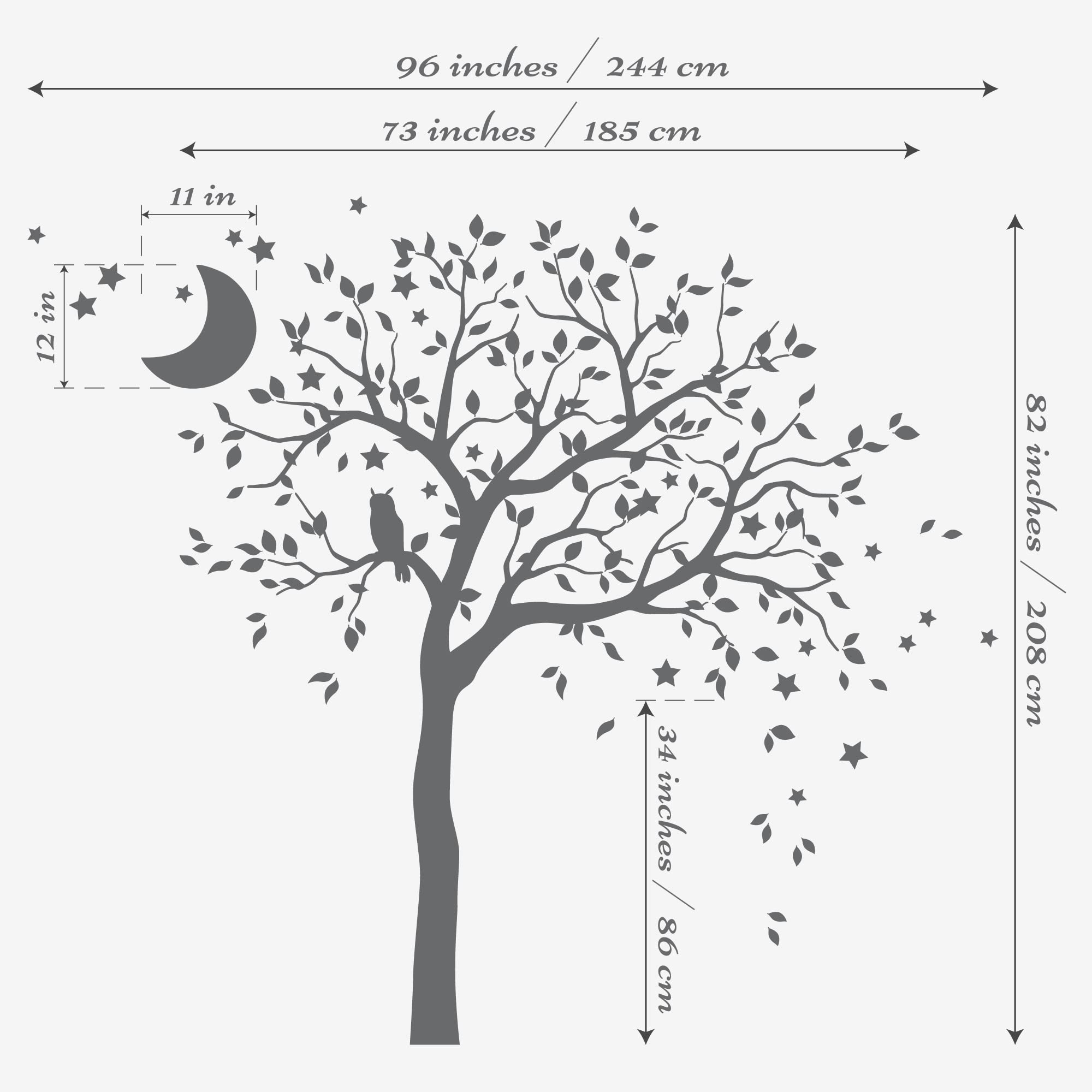 Großer Baum Wandaufkleber mit Eule, Mond und Sternen Kinderzimmer Wandbild Dekoration 088 (Äste nach rechts, Schwarz, Weiß)