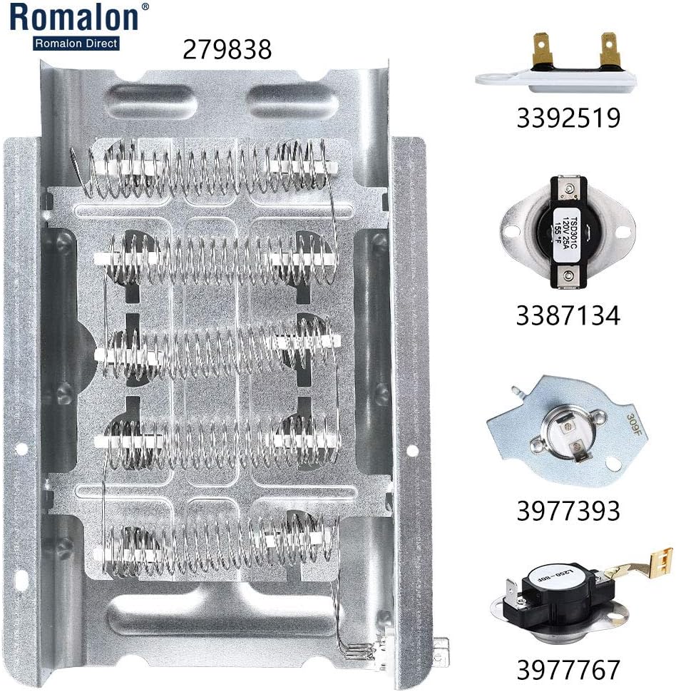 Improved 3403585 Dryer Heating Element 279838 for Whirlpool Kenmore Maytag Dryer Parts Include 3977767 3392519 Thermostat Fuse Kit 3977393 Dryer Thermostat 3387134 Cycling Thermostat By Romalon