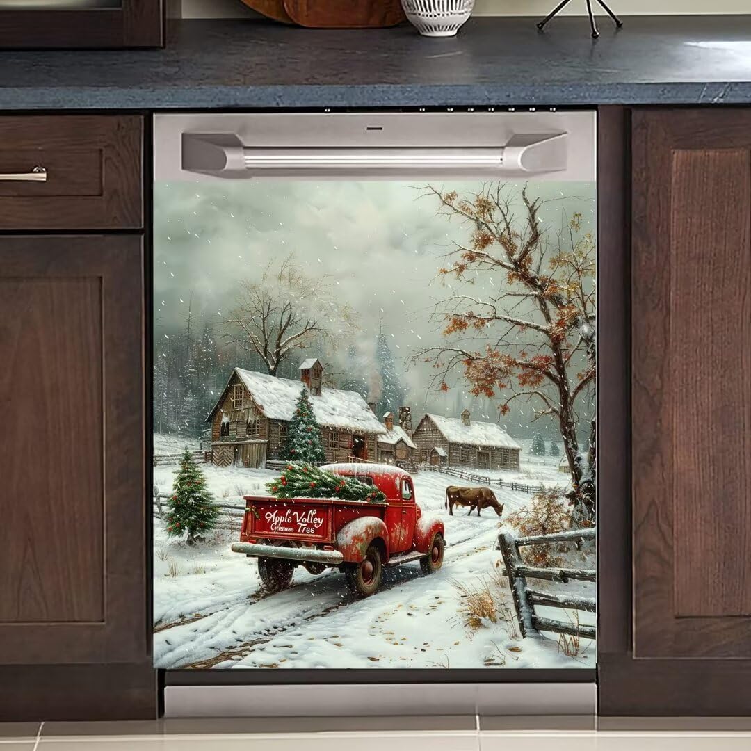 Farm Red Truck Magnetic Dishwasher Cover – Winter Kitchen Décor Farm Red Truck Magnetic Dishwasher Cover – Winter Kitchen Décor