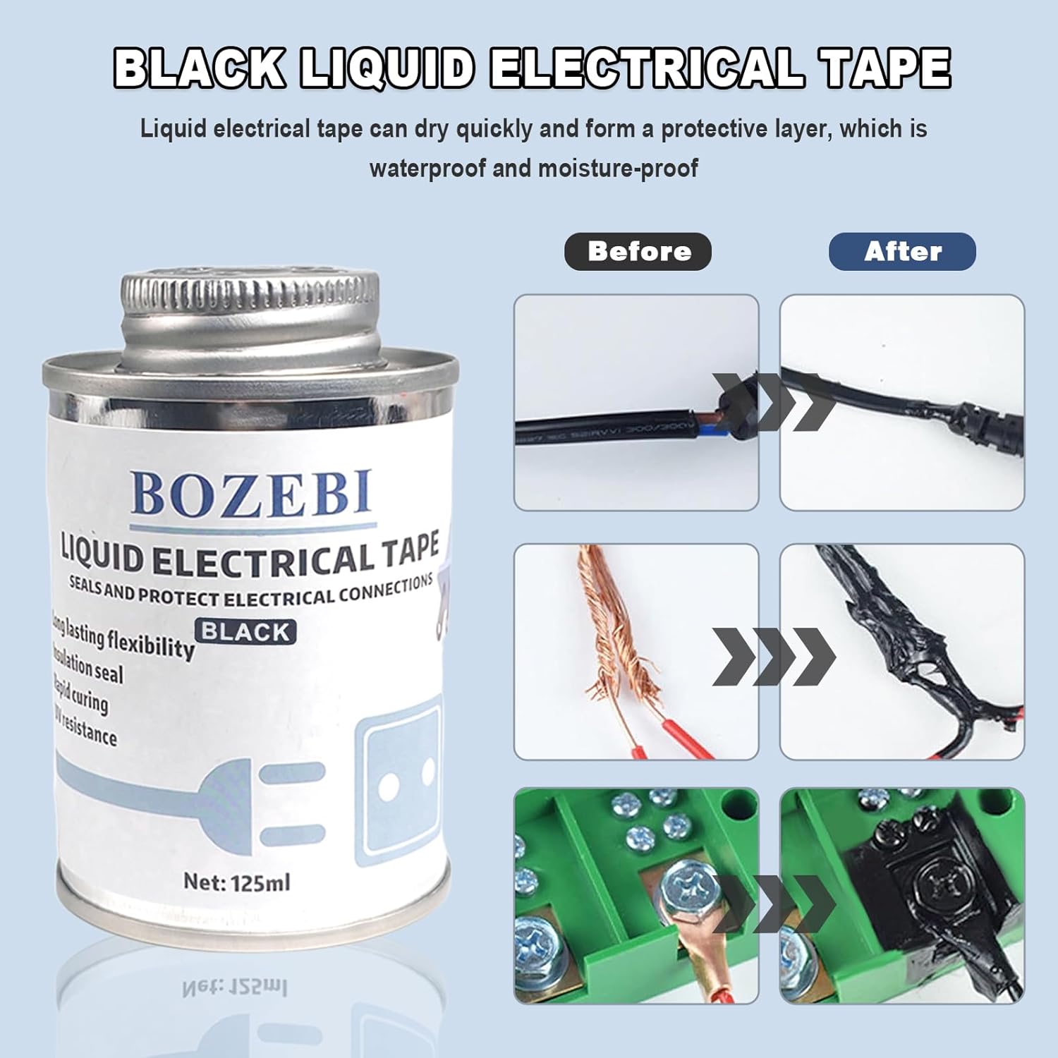Black Liquid Electrical Tape, 125ml Quick Cure Insulating Electrical Glue, Brush-Top Waterproof Liquid Tape for Home/Automotive/Electric