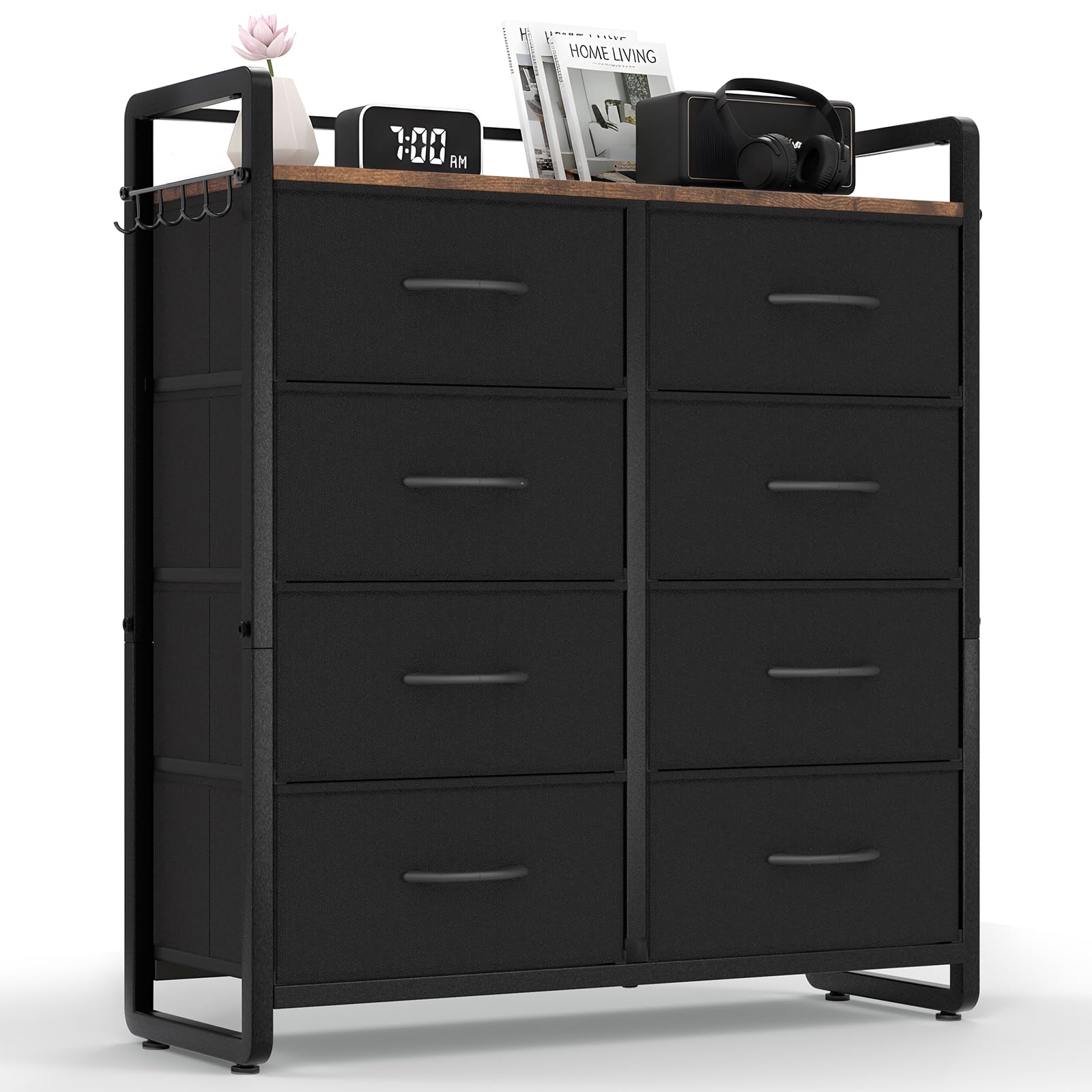 HOKEEPER Kommode, Schrank mit 8 Schubladen aus Stoff, Komodenschrank Schlafzimmer mit Holzplatte, Sideboard, Chest of Drawers Flurschrank für Küche Büro Flur Schlafzimmer (Schwarz)