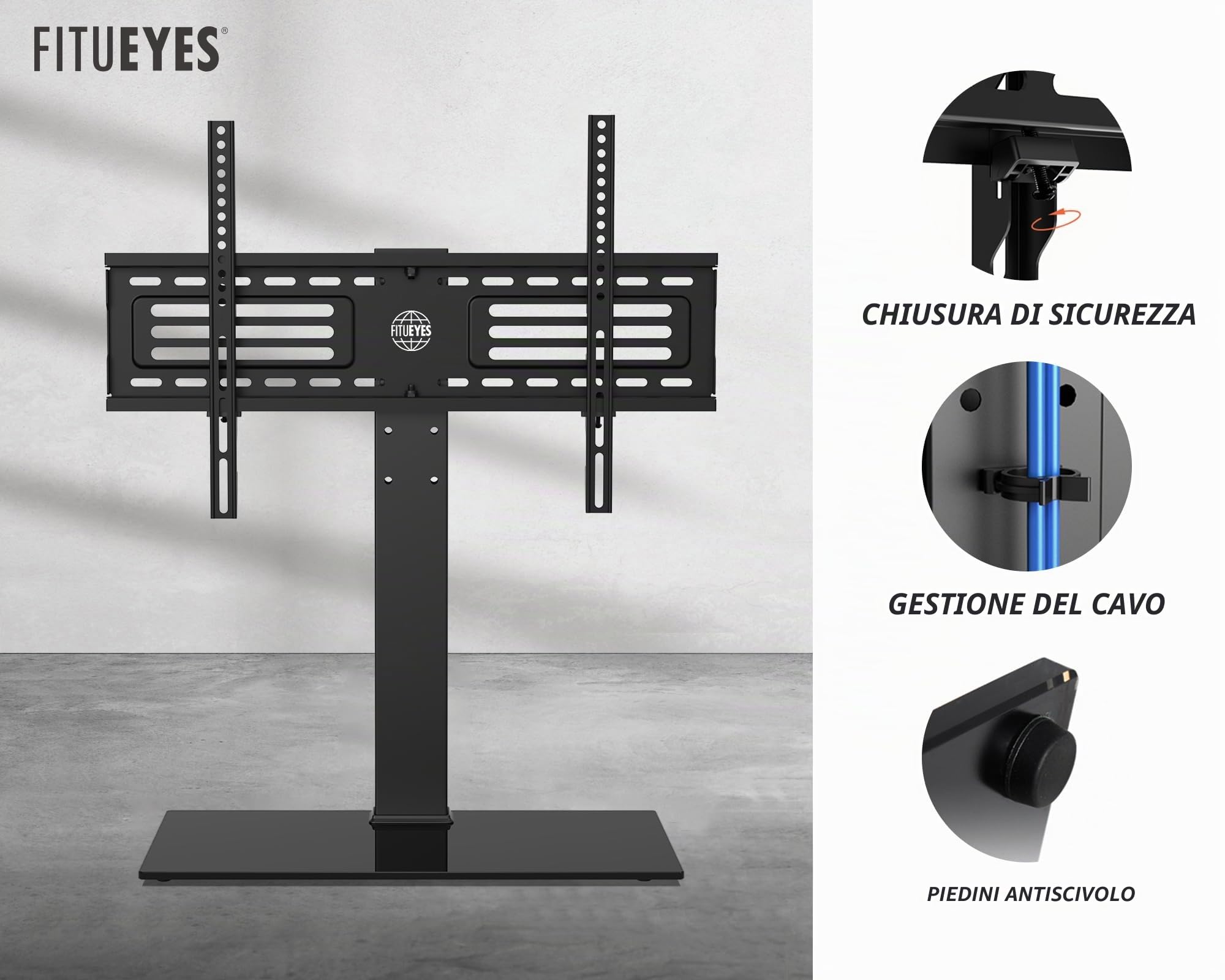 FITUEYES Supporto TV da Tavolo per 40-75 Pollici, Base TV Universale con 6 Altezza Regolabile, Piedistallo TV Universale con Base in 8mm Vetro Temperato, Max VESA 600x400mm Portata 40kg