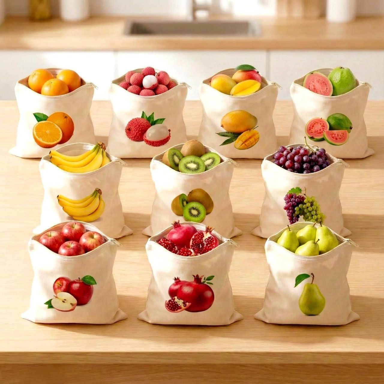 KIMEE Reusable Cotton Fruit and Vegetable Storage Bags for Fridge – Set of 10 Eco-Friendly Canvas Produce Bags with Zipper | Printed, Washable Fridge Organizer & Grocery Bags-image-28