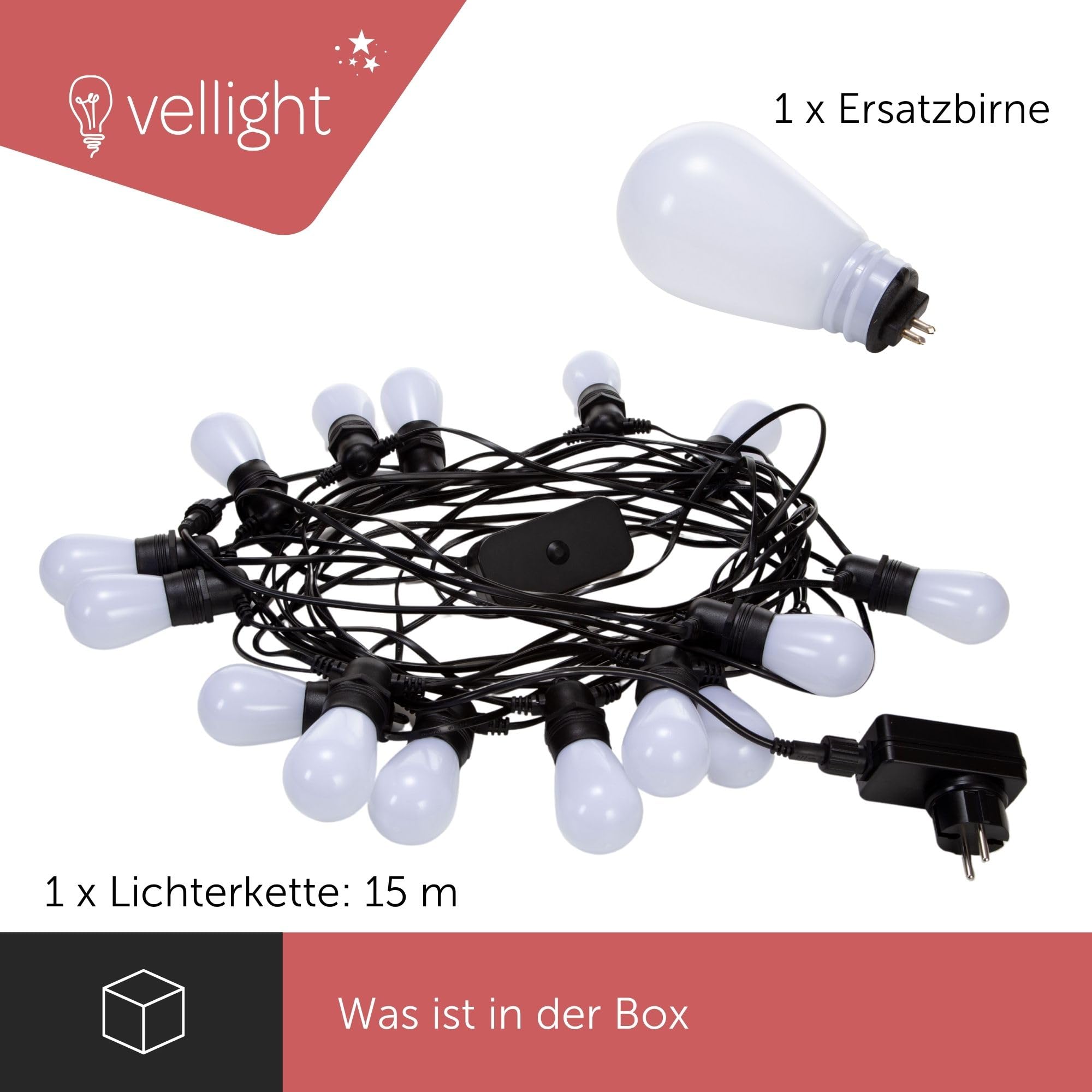 Lichterkette außen bunt, LED Lichterkette smart Outdoor, Lichterkette aussen smart home, RGBW Glühbirnen, Lichterkette mit App-Steuerung Tuya und Musiksynchronisation, 15 m