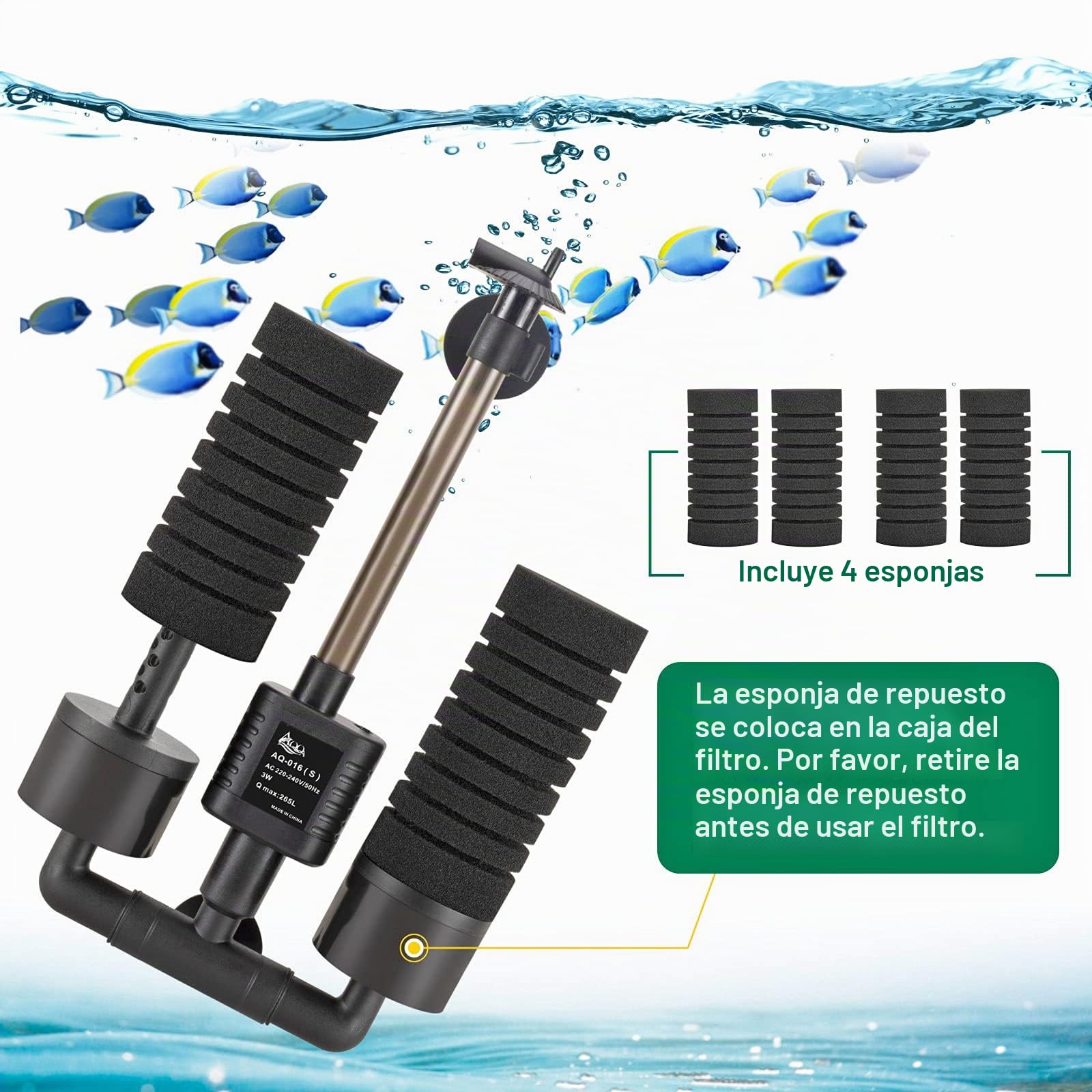 AQQA Filtro de doble esponja para acuario, silencioso filtro de espuma sumergible de energía eléctrica con 4 esponjas, 1 bolsa de bolas de cerámica biofiltradas (S)