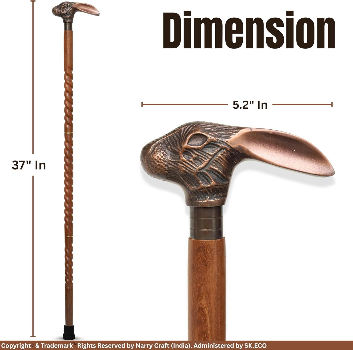 Wooden Walking Cane with Brass Handle – 37 Inch Handcrafted Walking Stick for Men & Women – Vintage Cane